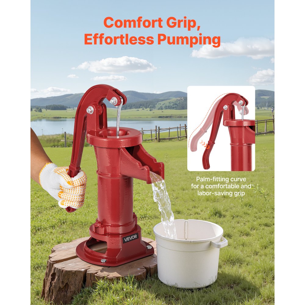 VEVOR Pompa Manuale per Pozzo, Sollevamento Massimo di 7,6 m, Pompa Manuale per Acqua in Ghisa Antica, Attacco NPT, Facile Installazione, Vecchio Stile per Giardino Esterno, Stagno, Rosso