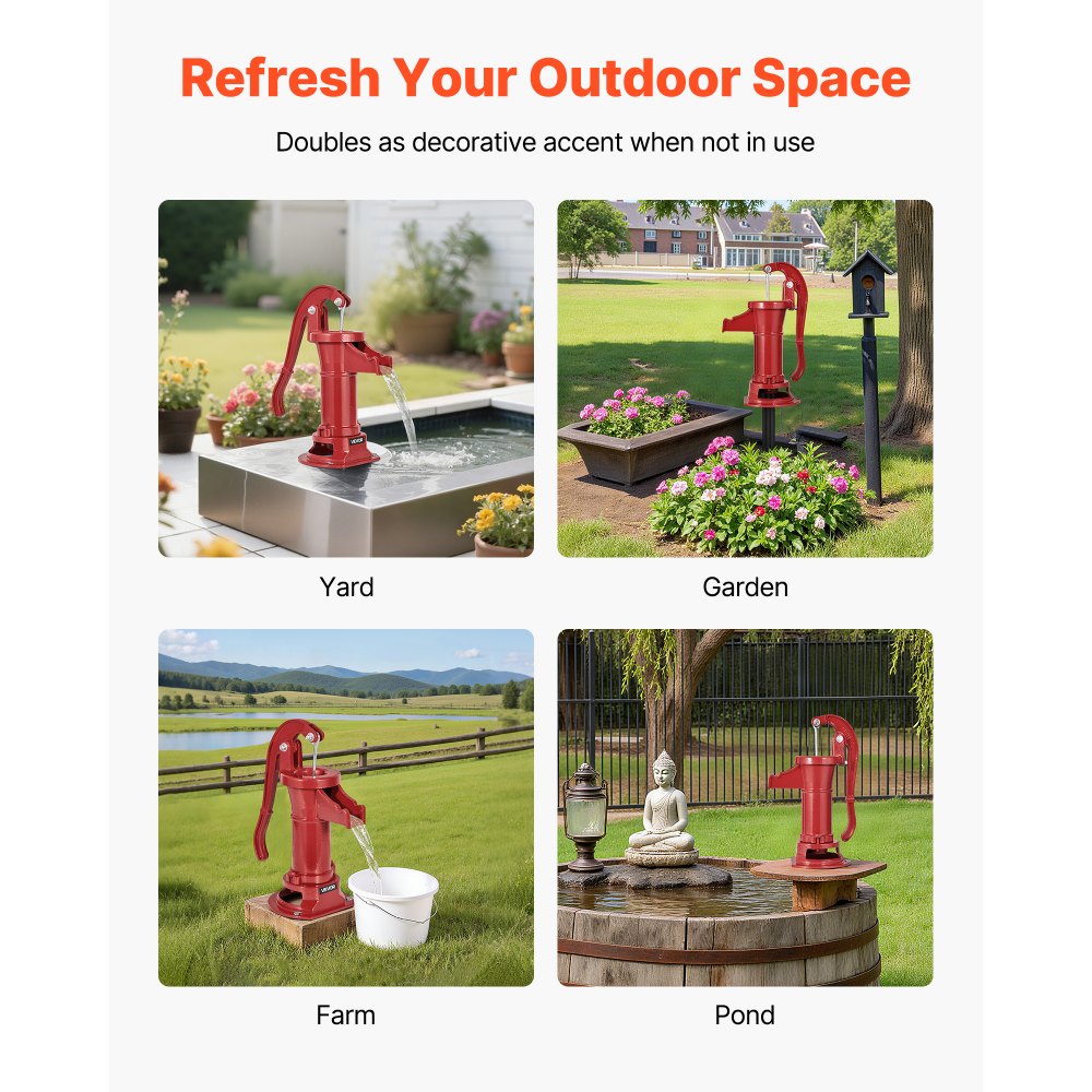 VEVOR Pompa Manuale per Pozzo, Sollevamento Massimo di 7,6 m, Pompa Manuale per Acqua in Ghisa Antica, Attacco NPT, Facile Installazione, Vecchio Stile per Giardino Esterno, Stagno, Rosso