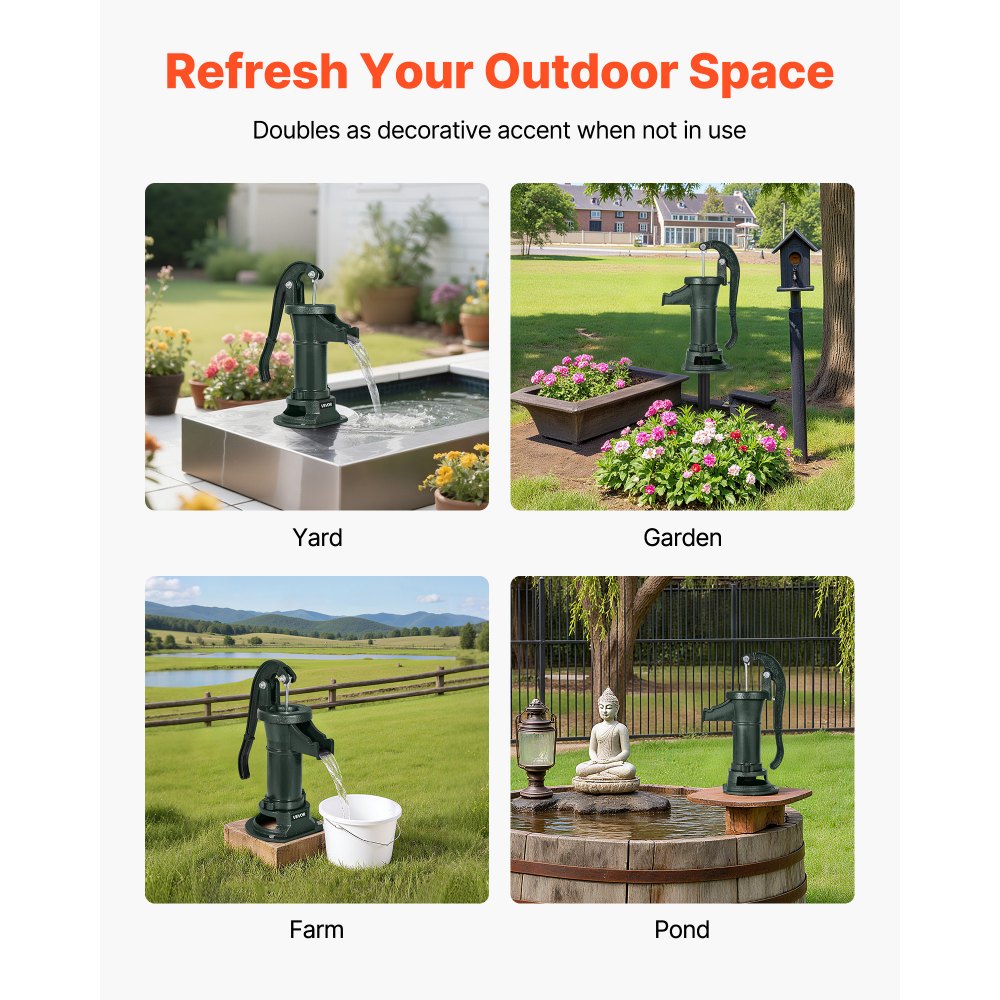 VEVOR Pompa Manuale per Pozzo, Sollevamento Massimo di 7,6 m, Pompa Manuale per Acqua in Ghisa Antica, Attacco NPT, Facile Installazione, Vecchio Stile per Giardino Esterno, Stagno, Verde