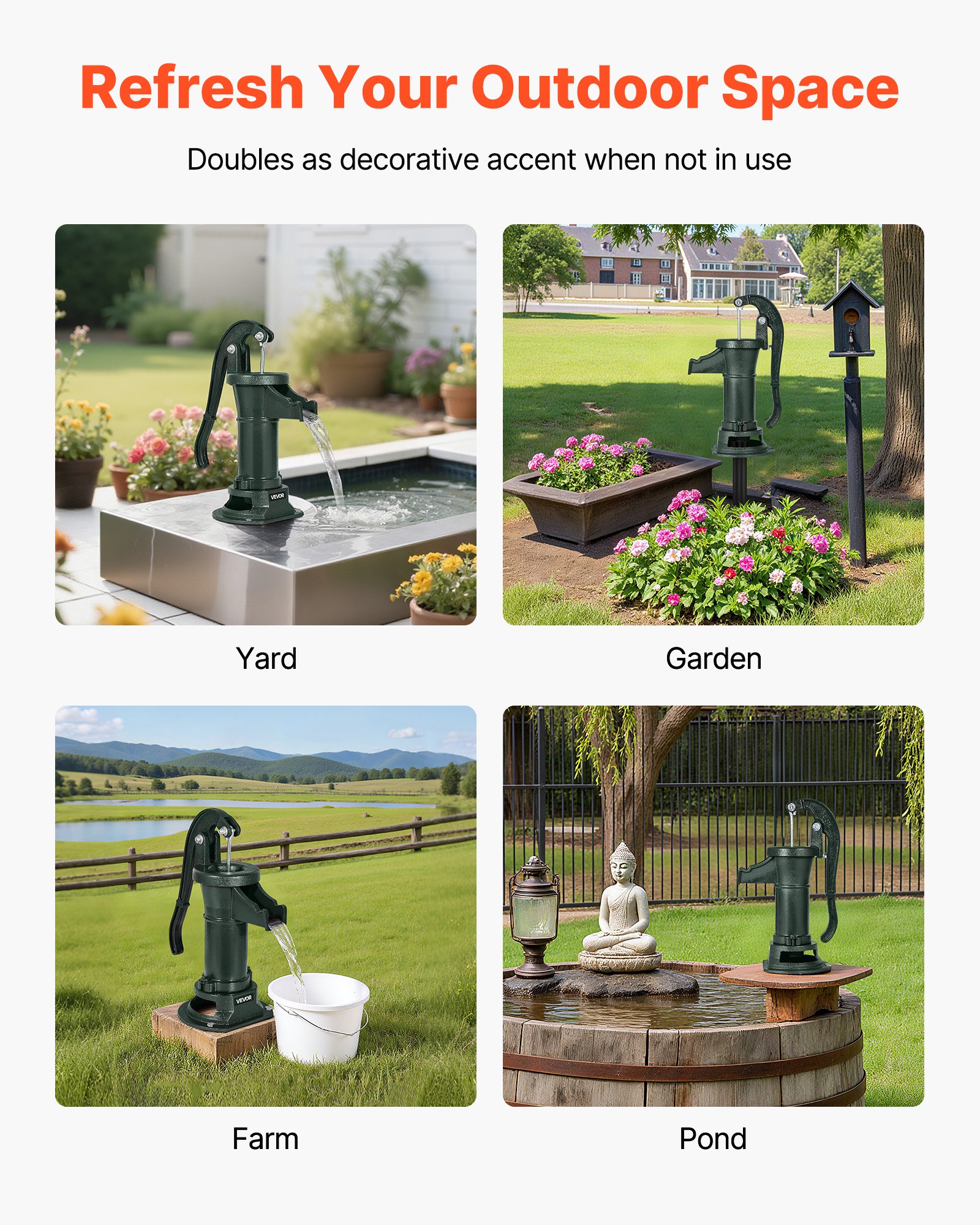 VEVOR Pompa Manuale per Pozzo, Sollevamento Massimo di 7,6 m, Pompa Manuale per Acqua in Ghisa Antica, Attacco NPT, Facile Installazione, Vecchio Stile per Giardino Esterno, Stagno, Verde