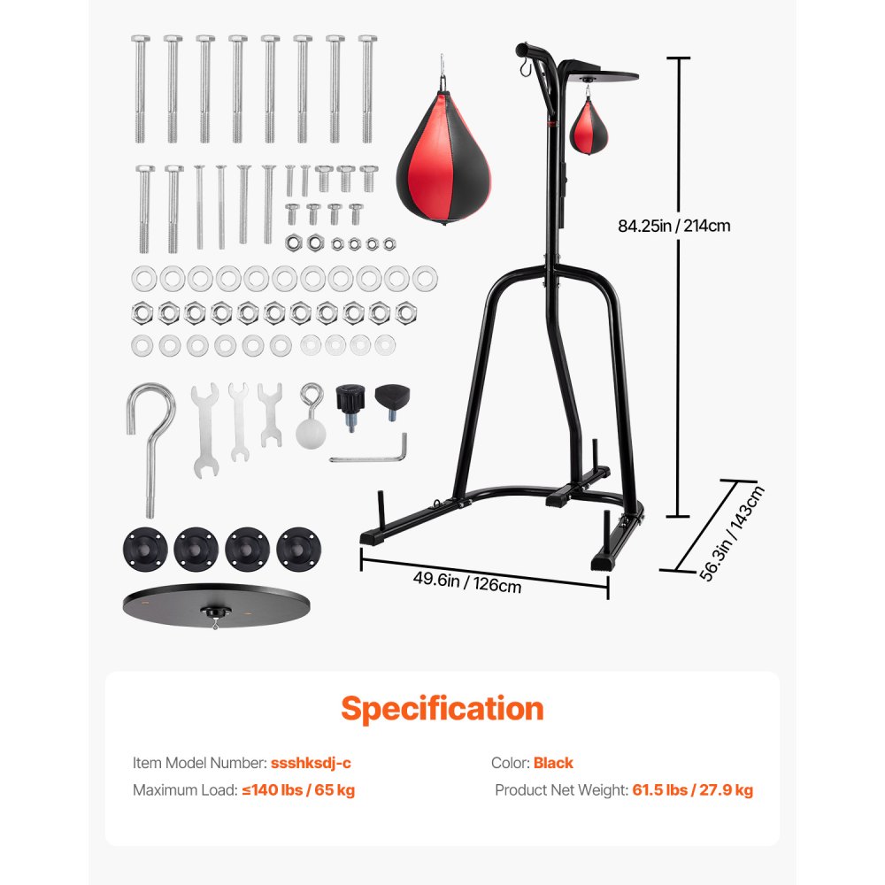 VEVOR Supporto per Sacco da Boxe, Attrezzatura per Allenamento Regolabile in Altezza, Supporta 65 kg, con Base Appesantita, Sacco per Allenamento Palestra Casa, Nero 143x126x214 cm