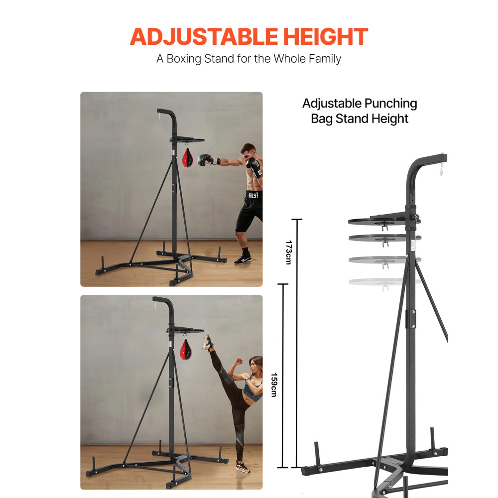 VEVOR Supporto per Sacco da Boxe, Attrezzatura per Allenamento Regolabile in Altezza, Supporta 65 kg, con Base Appesantita, Sacco per Allenamento Palestra Casa, Nero 132x114x201 cm