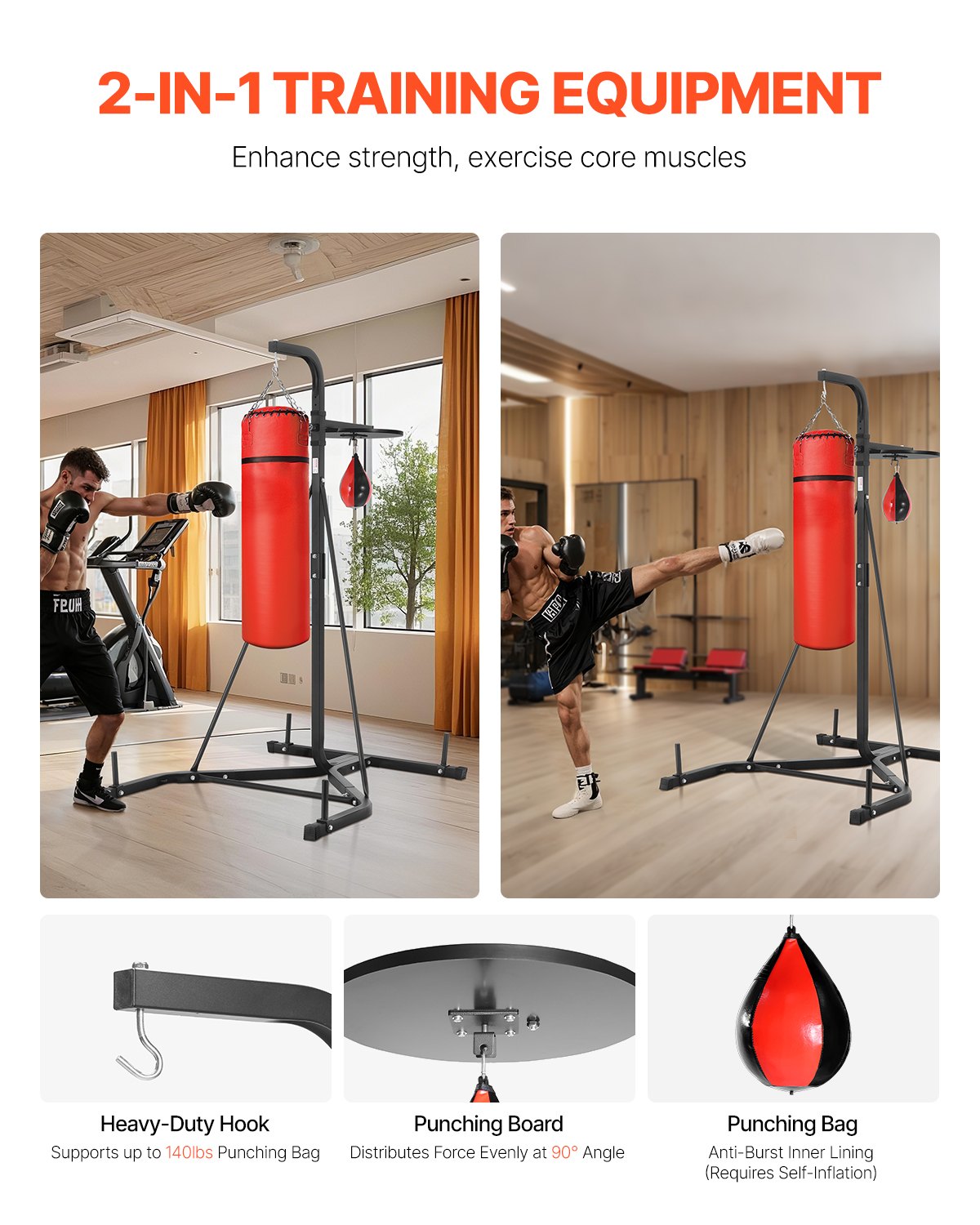 VEVOR Supporto per Sacco da Boxe, Attrezzatura per Allenamento Regolabile in Altezza, Supporta 65 kg, con Base Appesantita, Sacco per Allenamento Palestra Casa, Nero 132x114x201 cm