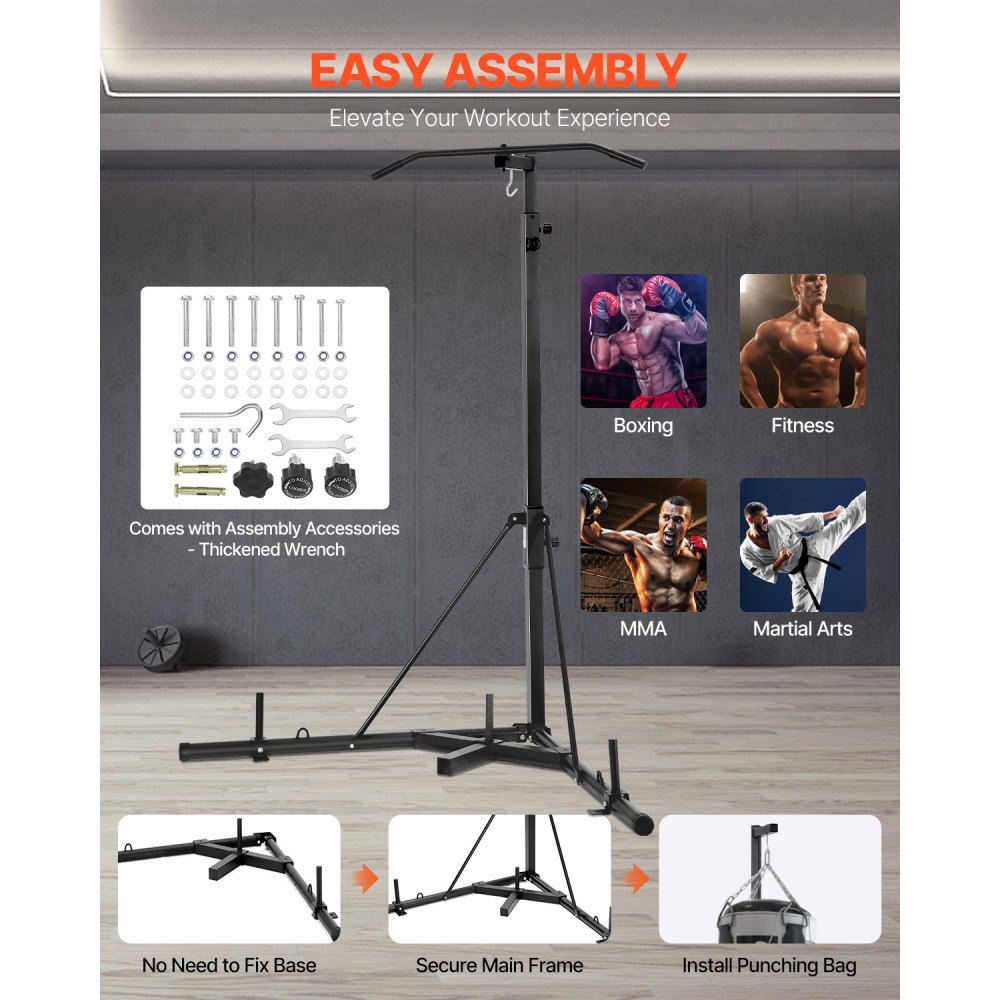 VEVOR 2 in 1 Punching Bag Stand Training Device Sandbag Frame made of steel, height-adjustable punching bag holder with pull-up bar (65 kg load capacity), freestanding fitness equipment for gym, black
