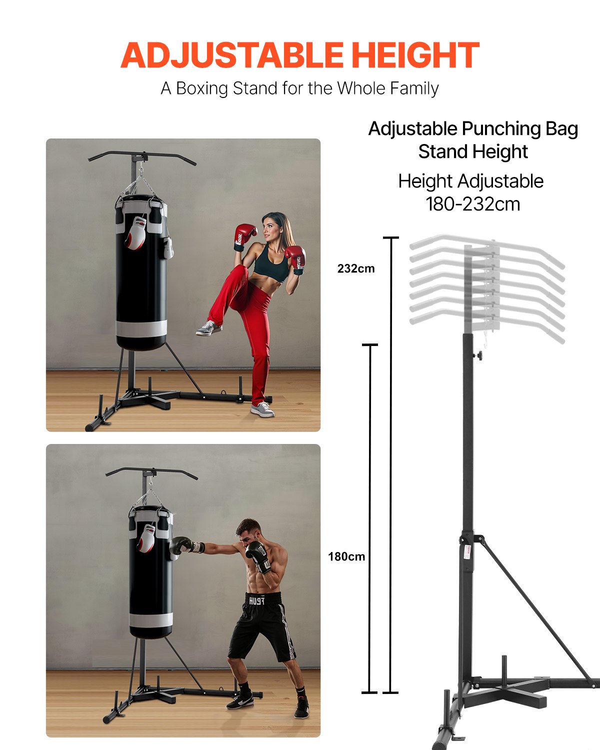 VEVOR Supporto per Sacco da Boxe, Attrezzatura per Allenamento Regolabile in Altezza, Supporta 65 kg, con Base Appesantita, Sacco per Allenamento Palestra Casa, Nero 118x118x232 cm