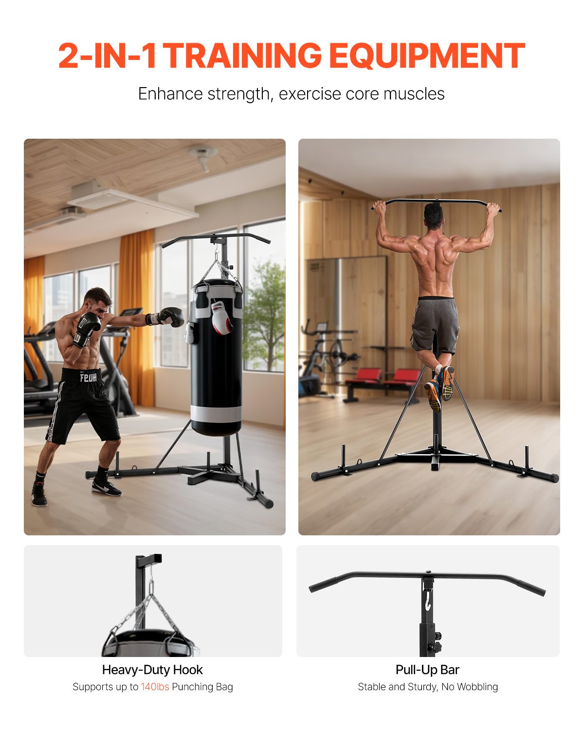 VEVOR 2 in 1 Punching Bag Stand Training Device Sandbag Frame made of steel, height-adjustable punching bag holder with pull-up bar (65 kg load capacity), freestanding fitness equipment for gym, black