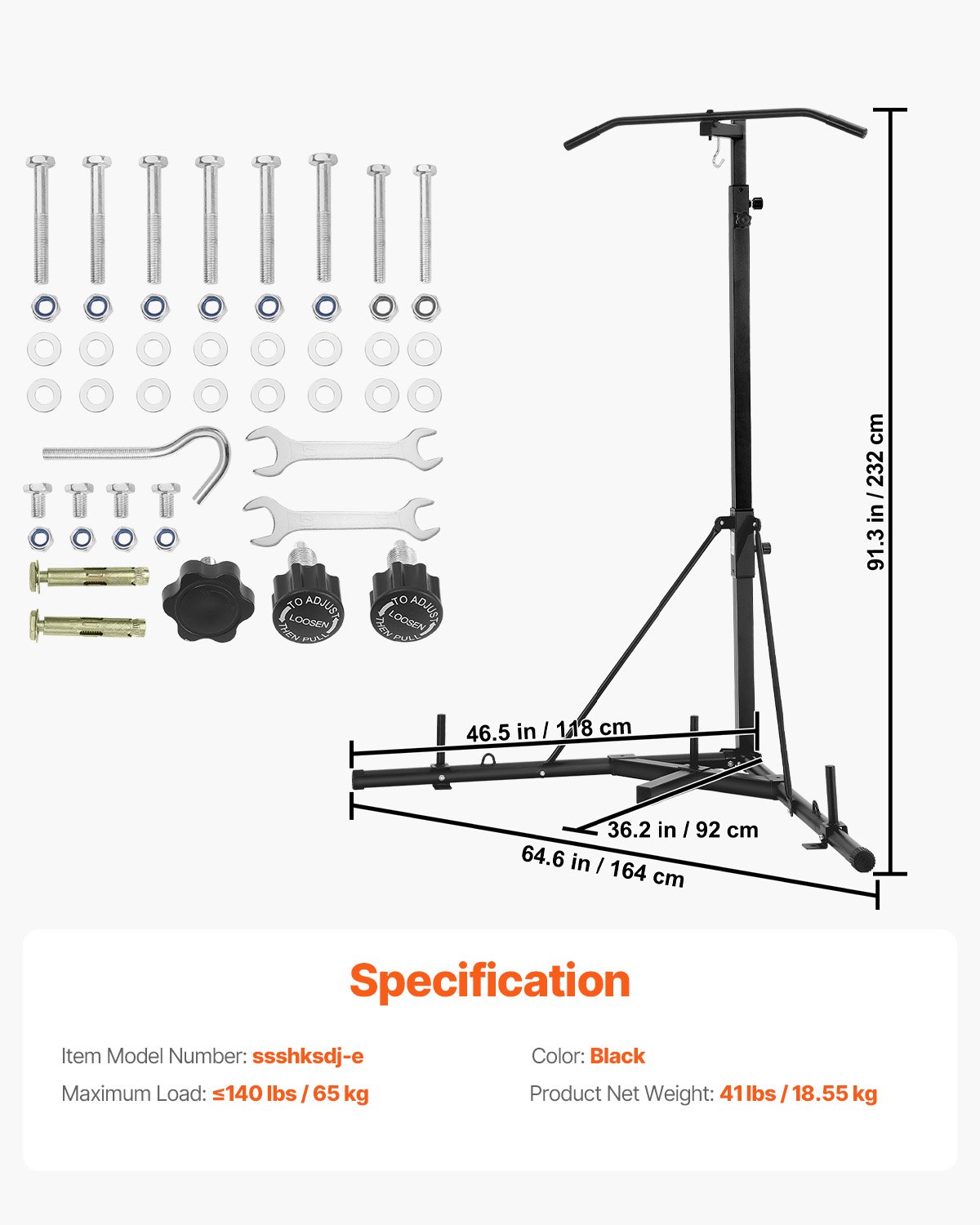 VEVOR 2 in 1 Punching Bag Stand Training Device Sandbag Frame made of steel, height-adjustable punching bag holder with pull-up bar (65 kg load capacity), freestanding fitness equipment for gym, black