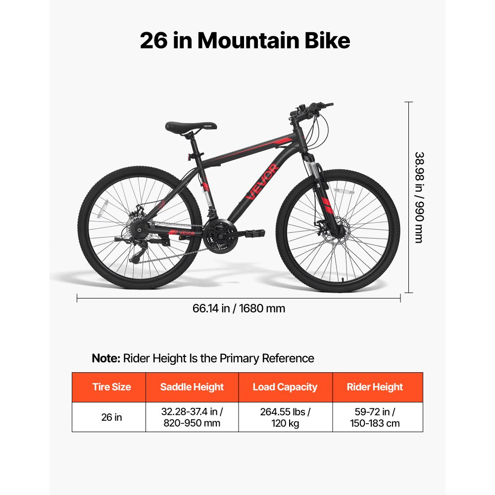 VEVOR Mountain Bike per Adulti 21 Velocità per Tutti i Terreni Carico 120kg Bicicletta da Montagna, Sospensione Anteriorre, Sella Regolabile, in Acciaio di Carbonio, Freno Doppio a Disco, da Esterno