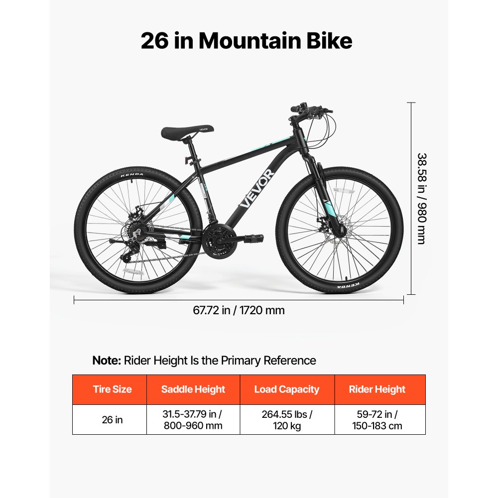VEVOR Bici da Montagna per Adulti 21 Velocità Doppio Freno a Disco 120 kg Mountain Bike, Carico max 120 kg, Sospensione Anteriore, Sella Regolabile, Telaio in Lega di Alluminio, Lunghezza 172 cm