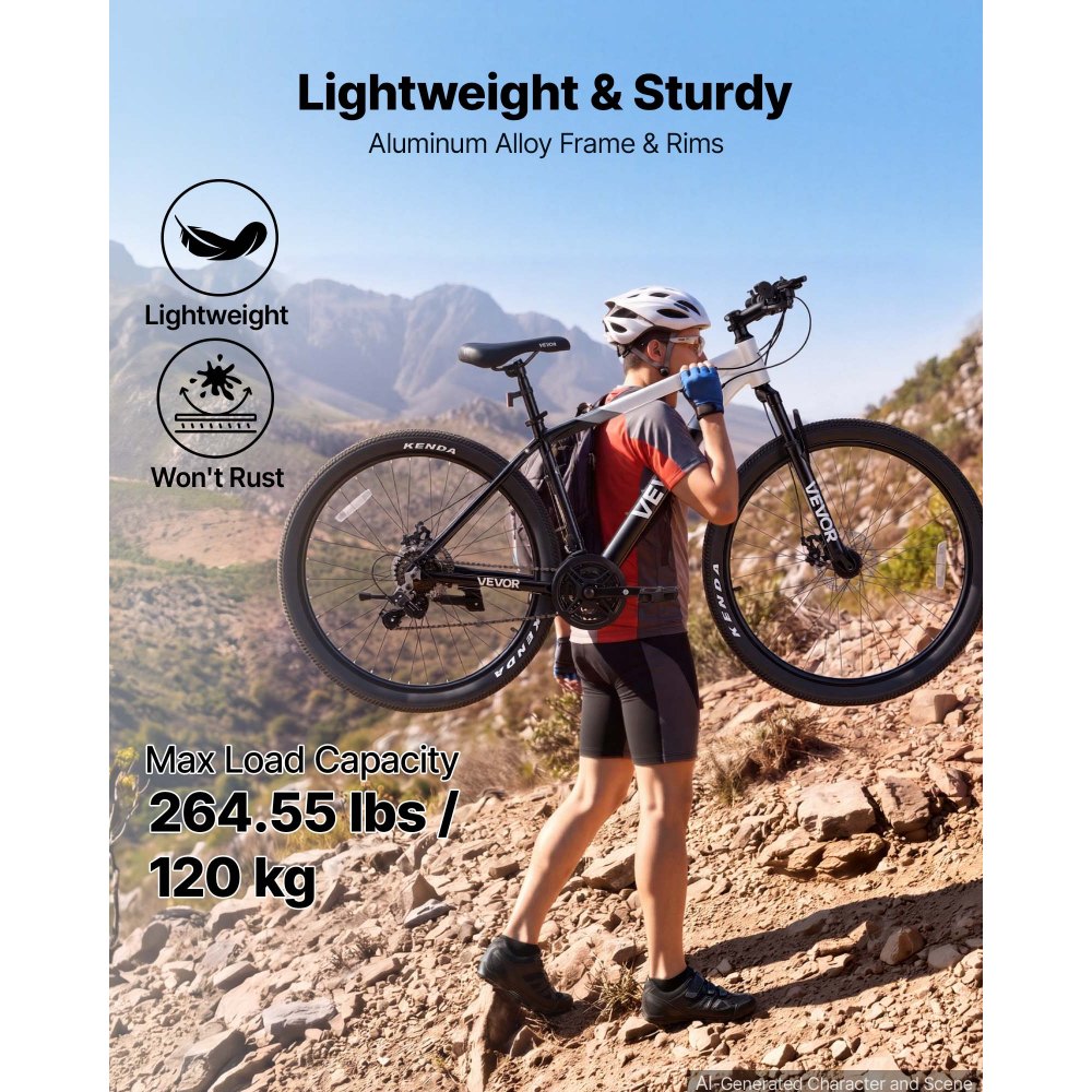 VEVOR Bici da Montagna per Adulti per Tutti i Terreni Carico max 120 kg Mountain Bike, Sospensione Anteriore, Sella Regolabile, Telaio in Lega di Alluminio, Doppio Freno a Disco, Lunghezza 172 cm