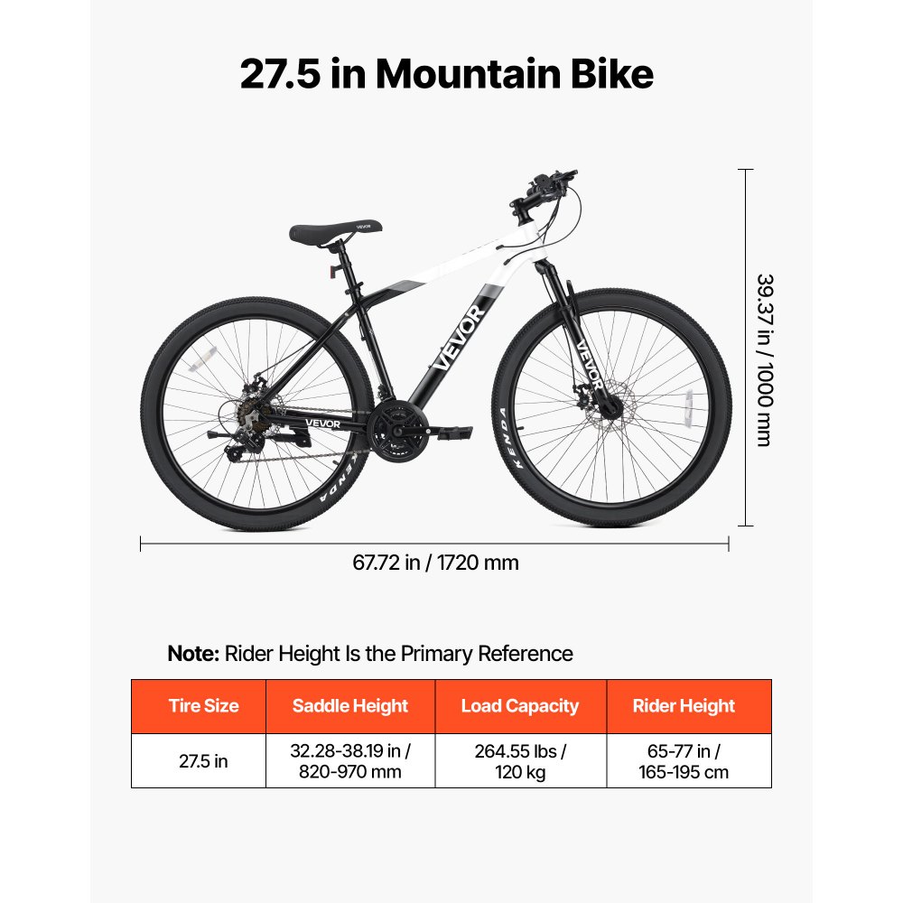 VEVOR Bici da Montagna per Adulti per Tutti i Terreni Carico max 120 kg Mountain Bike, Sospensione Anteriore, Sella Regolabile, Telaio in Lega di Alluminio, Doppio Freno a Disco, Lunghezza 172 cm