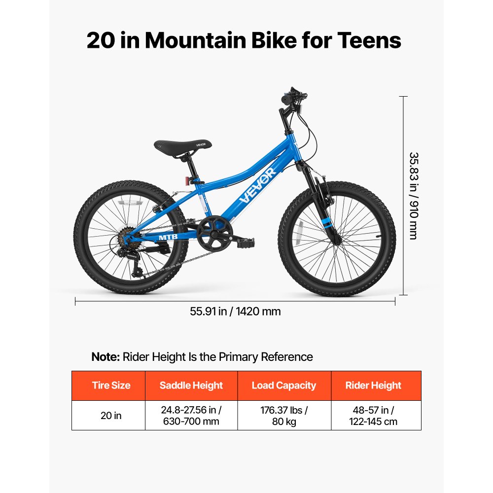 VEVOR Mountain Bike per Strada 6 Velocità per Tutti i Terreni Carico 80 kg Bicicletta da Montagna, Sospensione Anteriorre, Sella Regolabile, in Acciaio di Carbonio, Freno Doppio, Lunghezza 1420 mm