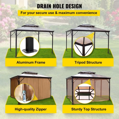 VEVOR Gazebo da Patio da 3 x 3,6 m, Gazebo con Zanzariere, con Telaio in Lega di Alluminio e Doppio Tetto in PVC, Gazebo Tettoia a Doppio Livello per Giardino, Cortile, Patio e Altri Spazi Esterni