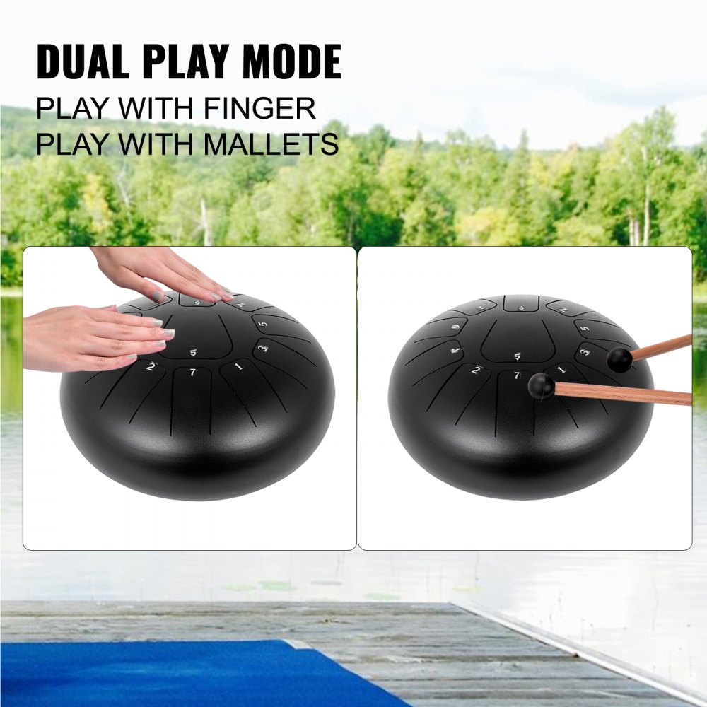 VEVOR Handpan Harmonic, Hand Drum Tamburo Musicale in Acciaio in 11 Note, Drum Hand 10 Pollici con Soft Hand Pan Bag,Hand Drum Nero con Liibro di Musica, Borsa, Staffa a Mazzuolo