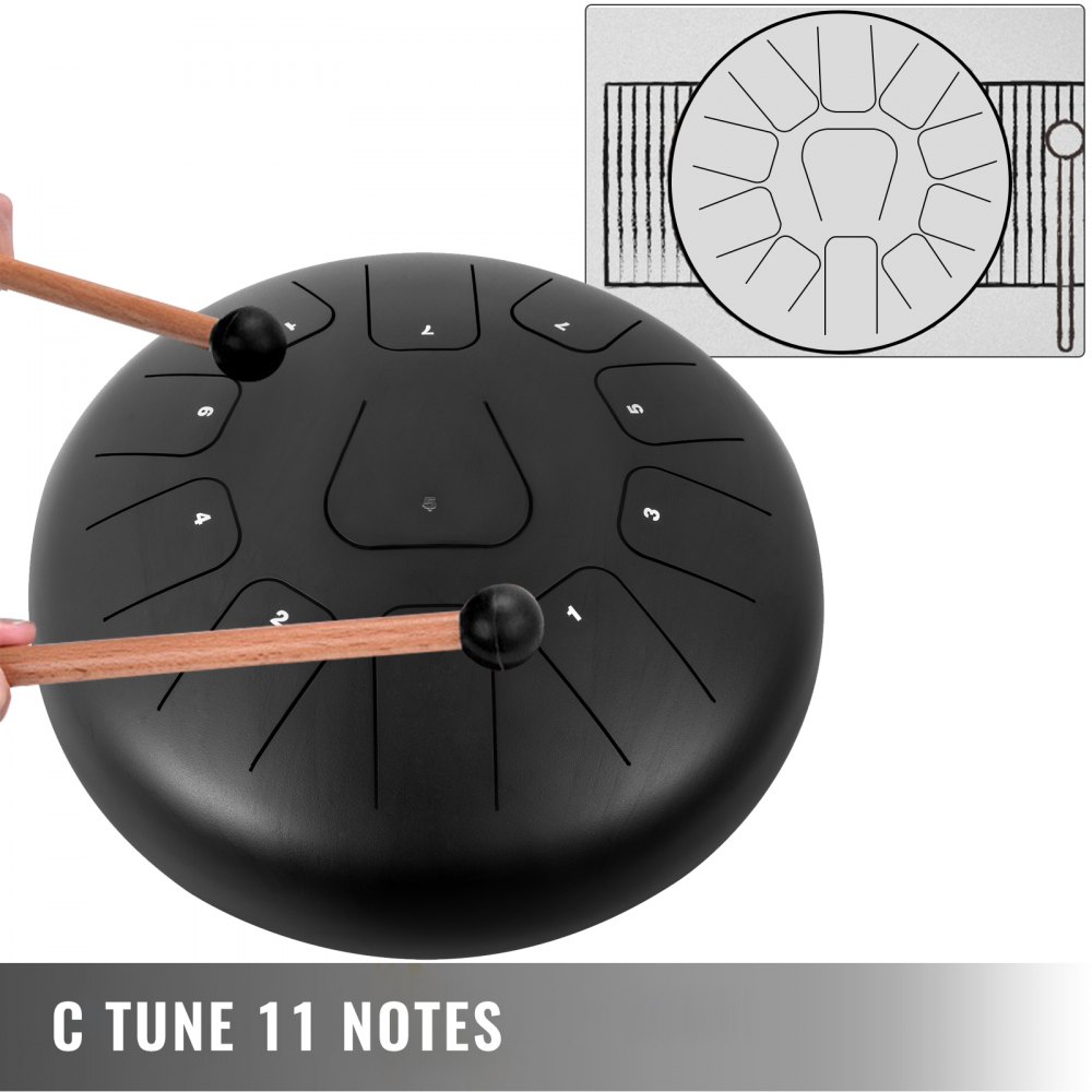 VEVOR Tamburo di Lingua Handpan Musicale 11 Toni Diametro da 12 Pollici, Strumento a Percussione Tamburo di Lingua in Acciaio 11 Linguette con Mazze, Tamburo di Lingua 12 Pollici Colore Nero di Musica