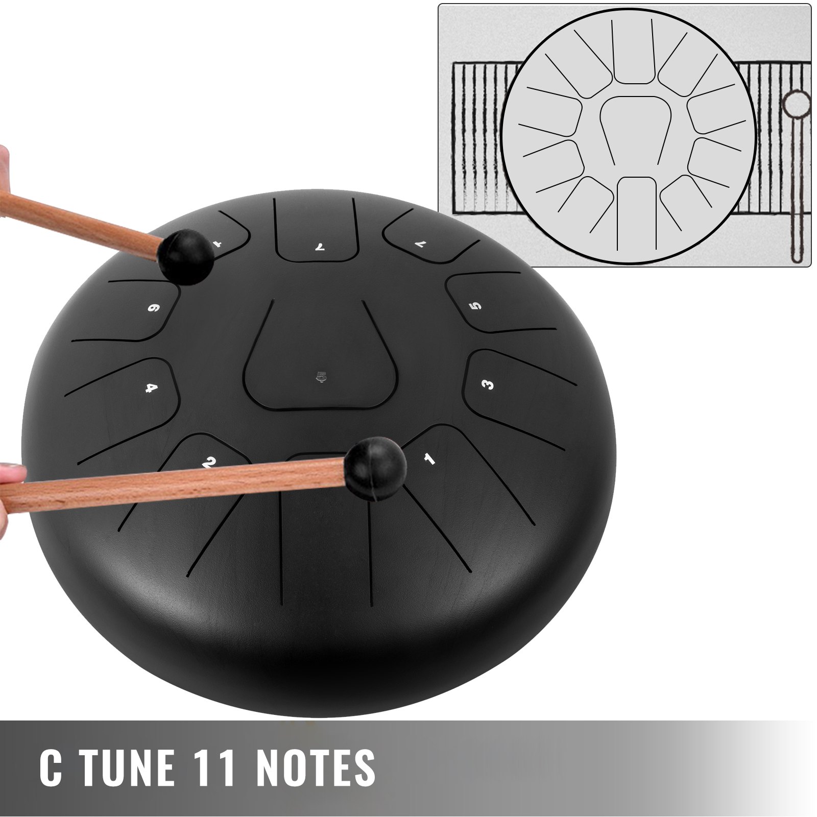 VEVOR Tamburo di Lingua Handpan Musicale 11 Toni Diametro da 12 Pollici, Strumento a Percussione Tamburo di Lingua in Acciaio 11 Linguette con Mazze, Tamburo di Lingua 12 Pollici Colore Nero di Musica