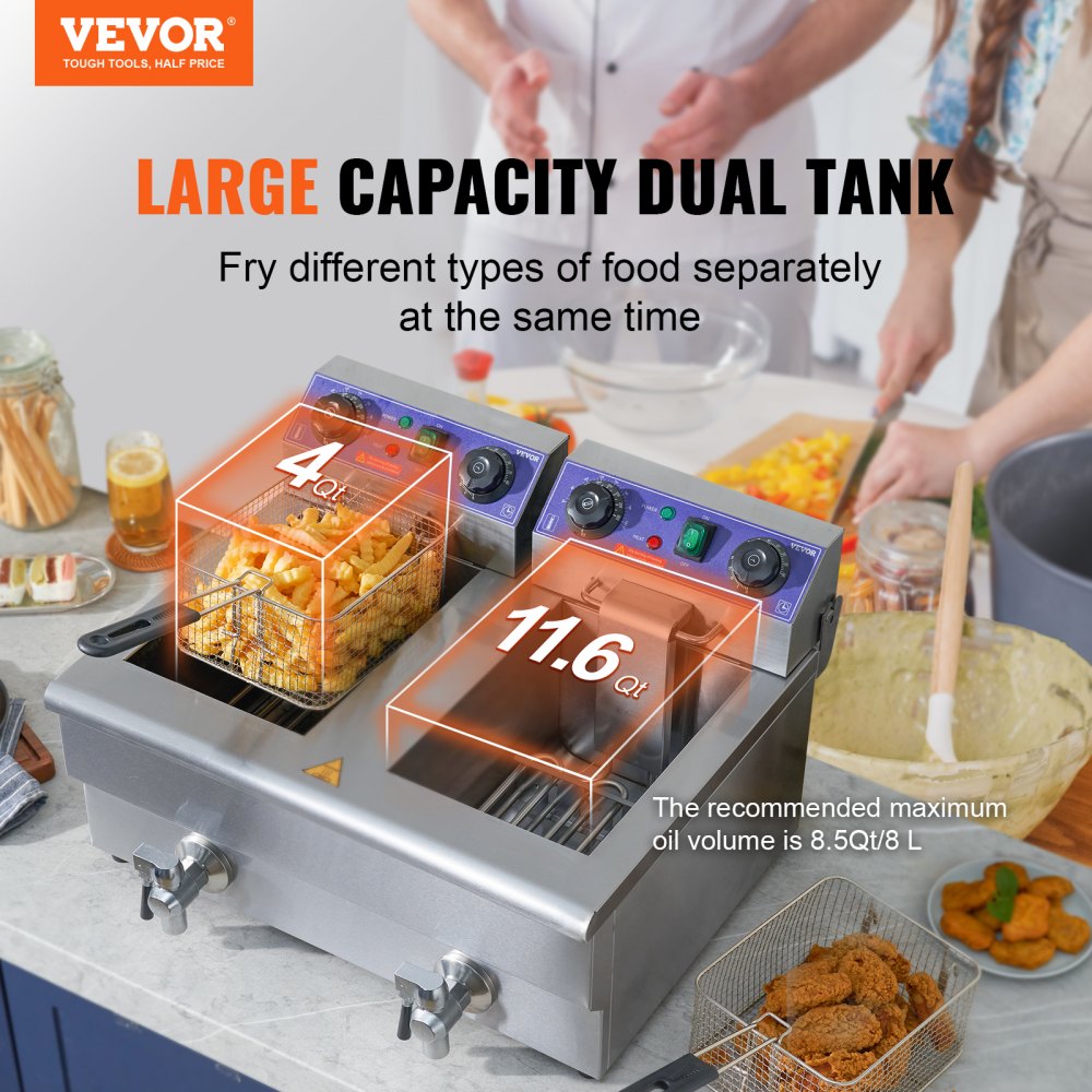 VEVOR Commercial Deep Fryer, 3 kW Electric Tabletop Fryer with Double Tank & Basket, 2 x 11 L Double Oil Fryer Made of Stainless Steel, Time and Temperature Control, for Kitchens and Restaurants
