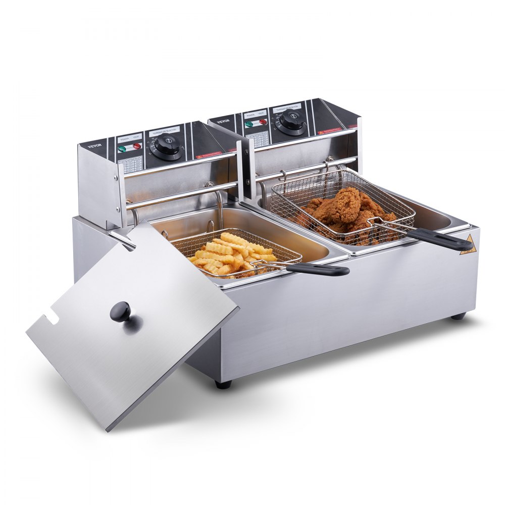 VEVOR Friggitrice Elettrica Commerciale Doppia Vasca, Macchina Friggitrice da Banco Capacità da 12 Litri con Doppio Cestello Rimovibile, Friggitrice Doppia in Acciaio Inox 5000 W da Cucina Hotel
