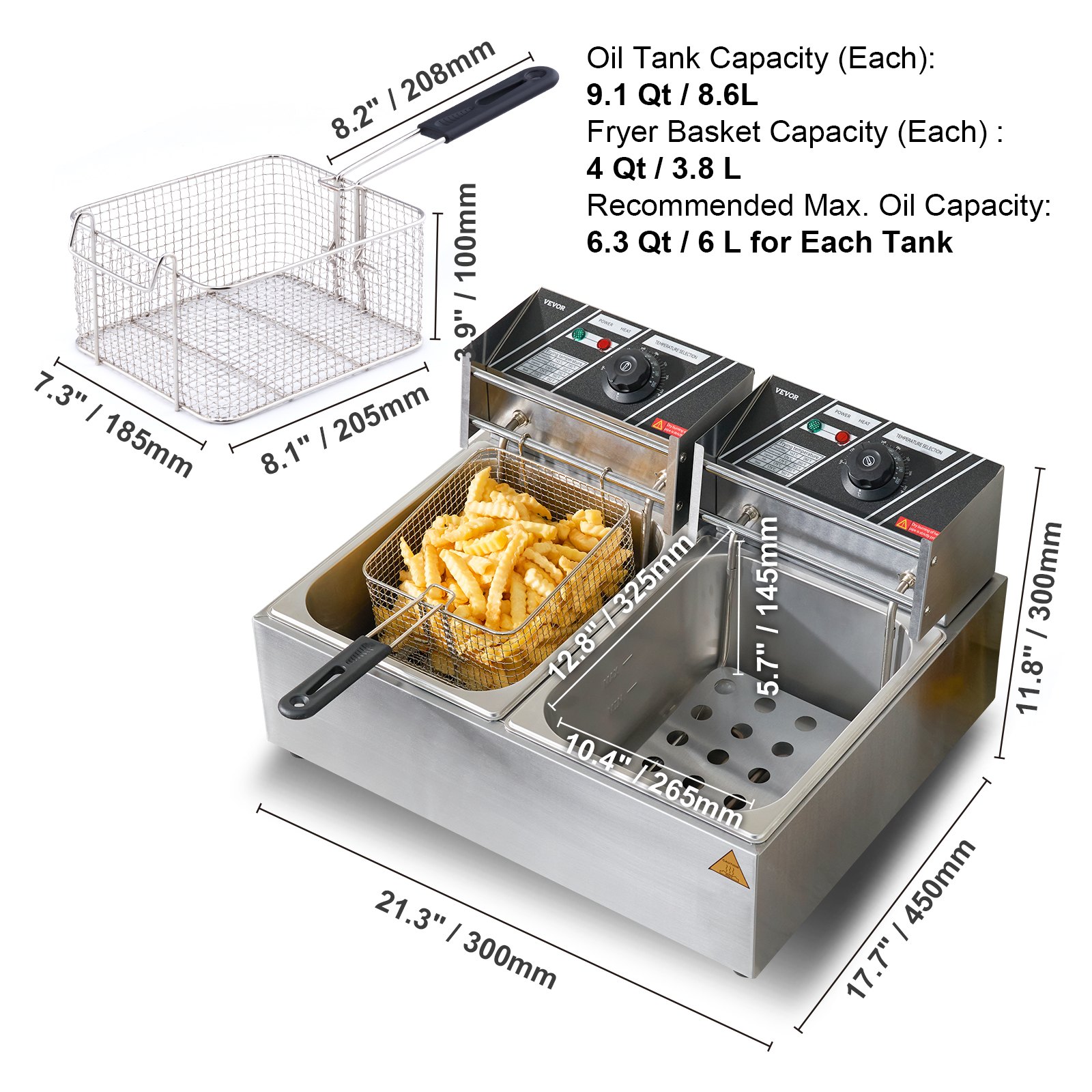 VEVOR Friggitrice Elettrica Commerciale Doppia Vasca, Macchina Friggitrice da Banco Capacità da 12 Litri con Doppio Cestello Rimovibile, Friggitrice Doppia in Acciaio Inox 5000 W da Cucina Hotel