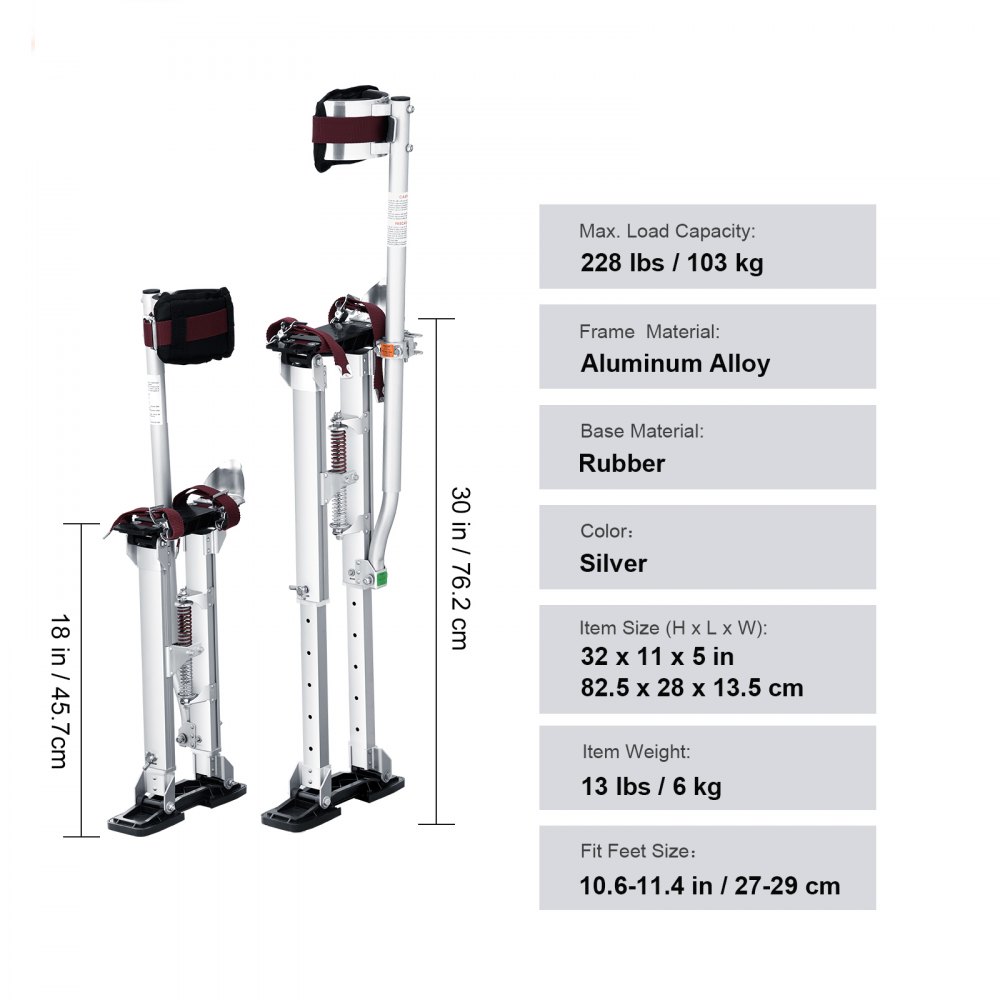 VEVOR Trampoli in Alluminio per Edilizia Altezza Regolabile 45,7-76,2cm Misura di Piedi 27-29cm, Trampoli in Alluminio per Lavori Interni Esterni Cartongessisti Muratori Pittori Spettacoli in Costume