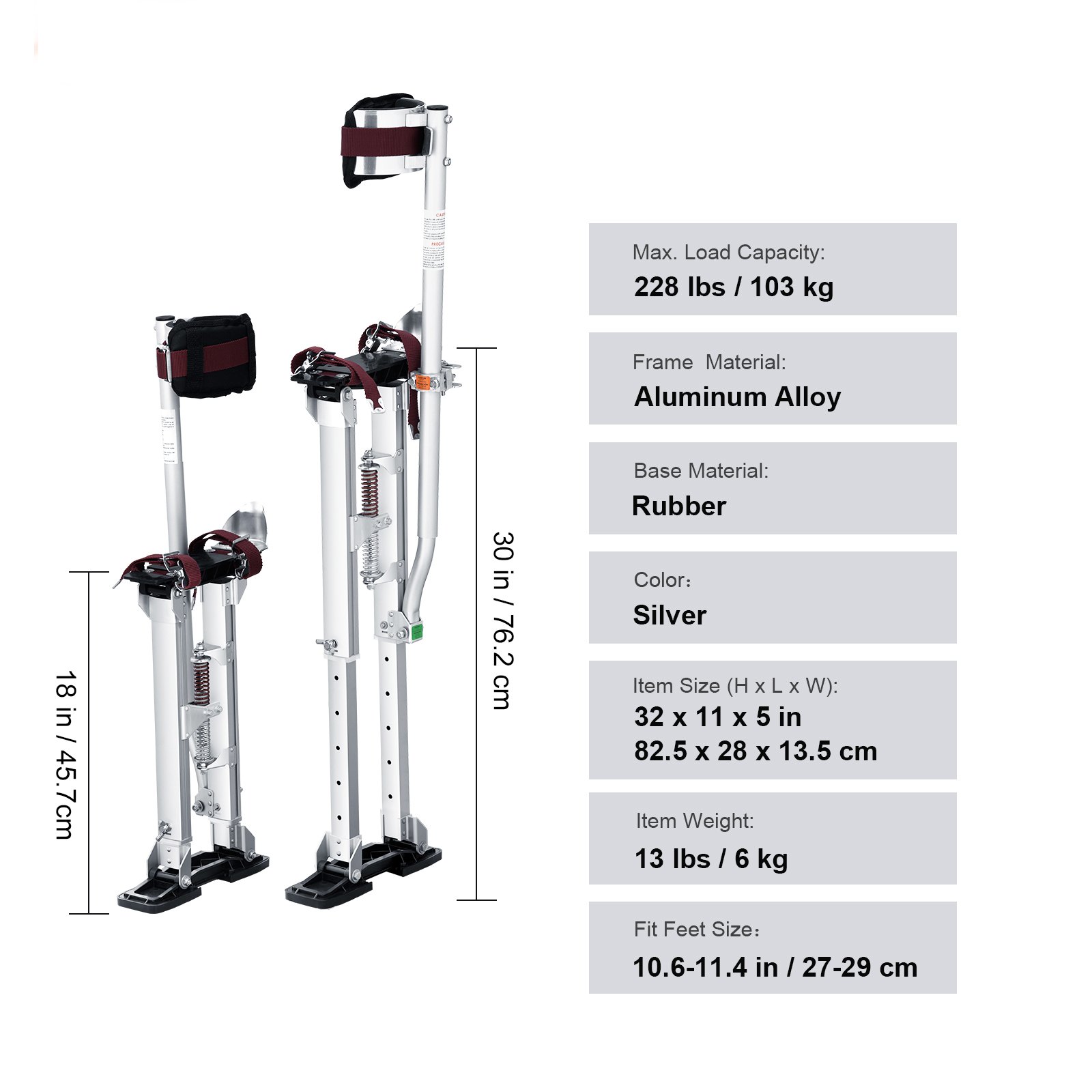 VEVOR Trampoli in Alluminio per Edilizia Altezza Regolabile 45,7-76,2cm Misura di Piedi 27-29cm, Trampoli in Alluminio per Lavori Interni Esterni Cartongessisti Muratori Pittori Spettacoli in Costume