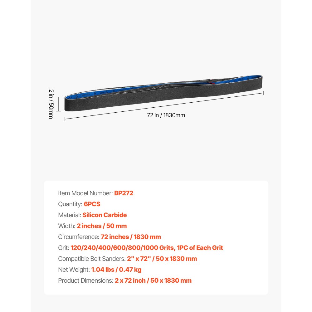 VEVOR Nastro Abrasivo 50 x 1830 mm, Set Nastro Abrasivo, Grana 120, 240, 400, 600, 800, 1000, 6 pezzi Nastri Abrasivi Misti in Carburo di Silicio per Levigatrice a Nastro, Lavorazione dei Metalli