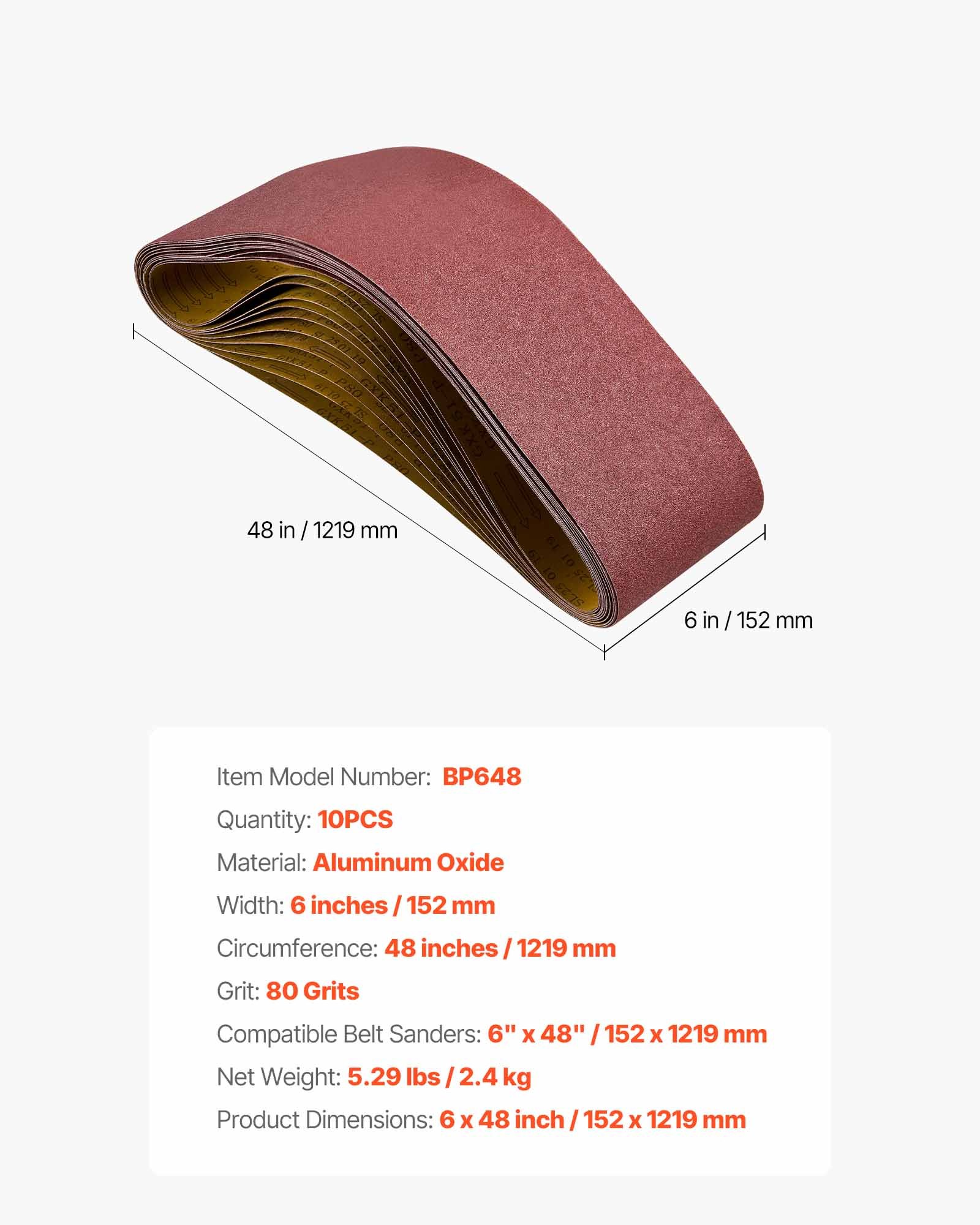 VEVOR Nastro Abrasivo 152 x 1219 mm, Set Nastro Abrasivo, Grana 80, 10 pezzi Nastri Abrasivi in Ossido di Alluminio per Levigatrice a Nastro, Lucidatura dei Legno Metalli non Ferrosi