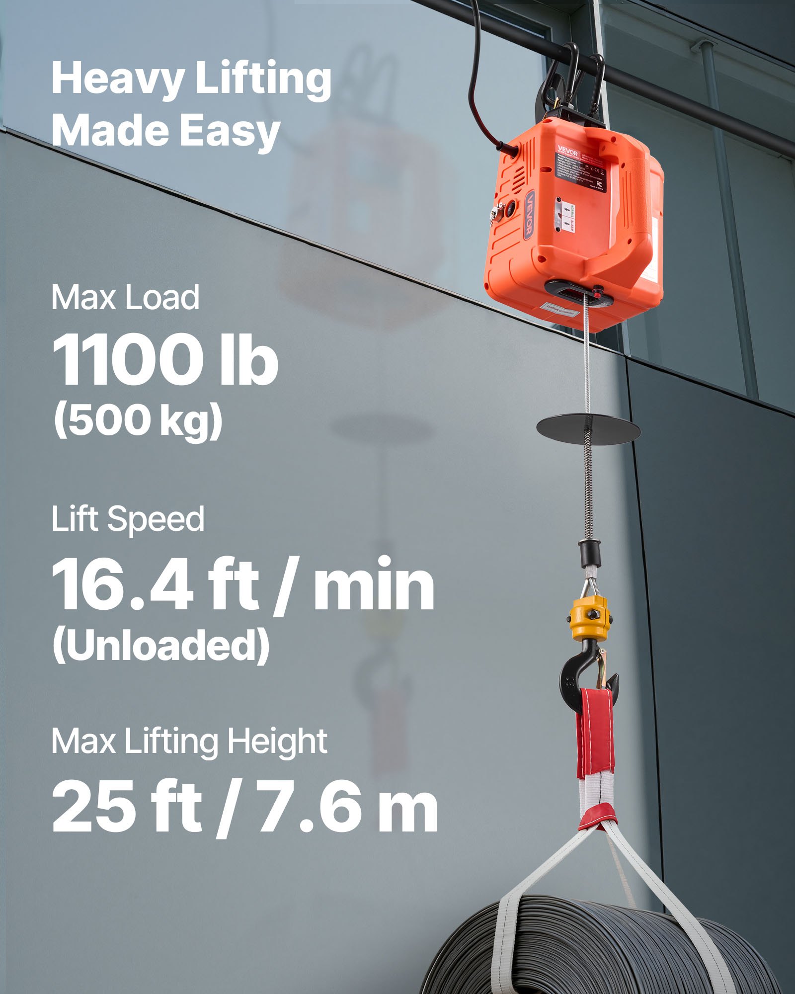 VEVOR Verricello Paranco Elettrico di Sollevamento Capacità Carico 500 kg, Verricello Argano Elettrico Portatile da 1500 W, Altezza di Sollevamento 7,6 m, con Telecomando Manuale, Cablato Wireless
