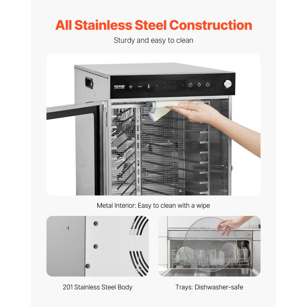 VEVOR Essiccatore con Vassoio Rotante per Alimenti 12 Vassoi in Acciaio Inox, Essiccatore Elettrico per Alimenti 800 W Temperatura Regolabile, Essiccatore a Congelamento per Carne Frutta Verdura