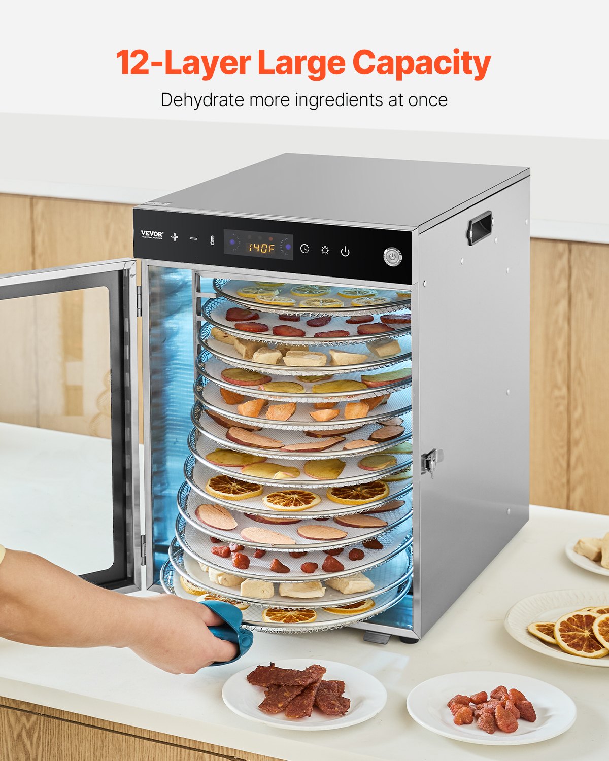 VEVOR Food Dehydrator with 12 Stainless Steel Trays, 800W Electric Food Dehydrator with Adjustable Temperature, Freeze Dryer for Dried Meat, Fruit, Vegetables, Herbs, and Dog Treats