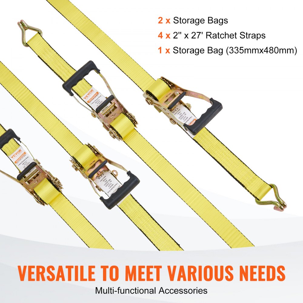 VEVOR 4-pack ratchet straps 0.05 x 8 m, 4536 kg capacity, polyester webbing with carbon steel hooks, ideal for motorcycles, bicycles, kayaks, UTVs, boats, and ATVs