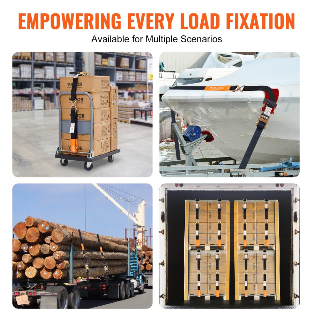 VEVOR Kit Cinghie a Cricchetto Ancoraggio, Carico max. 5048kg, Cinghie di Tensione 0,05x2,4 m con Cricchetto e Gancio Gialli per Motociclette, Biciclette, Traslochi Scatole in Rimorchio Portapacchi