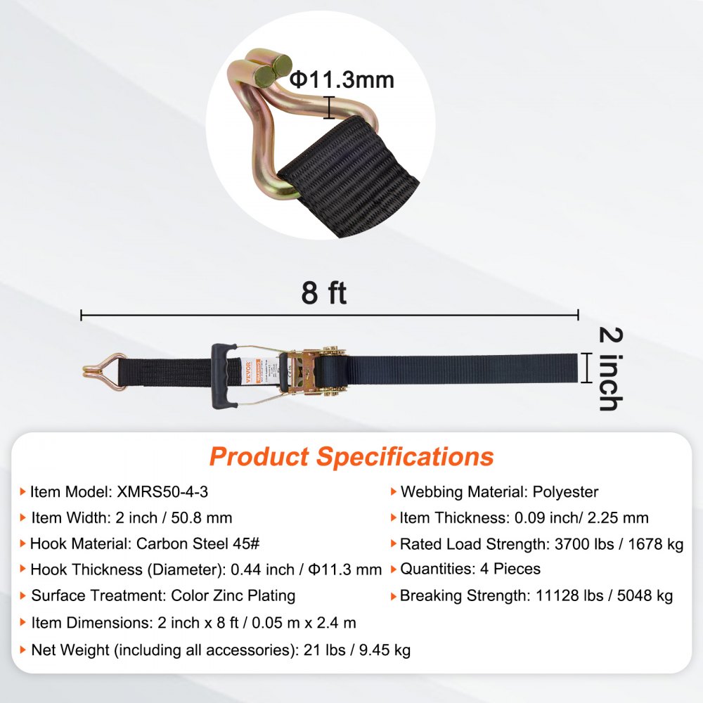 VEVOR Kit Cinghie a Cricchetto Ancoraggio, Carico max. 5048kg, Cinghie di Tensione 0,05x2,4 m con Cricchetto e Gancio Gialli per Motociclette, Biciclette, Traslochi Scatole in Rimorchio Portapacchi