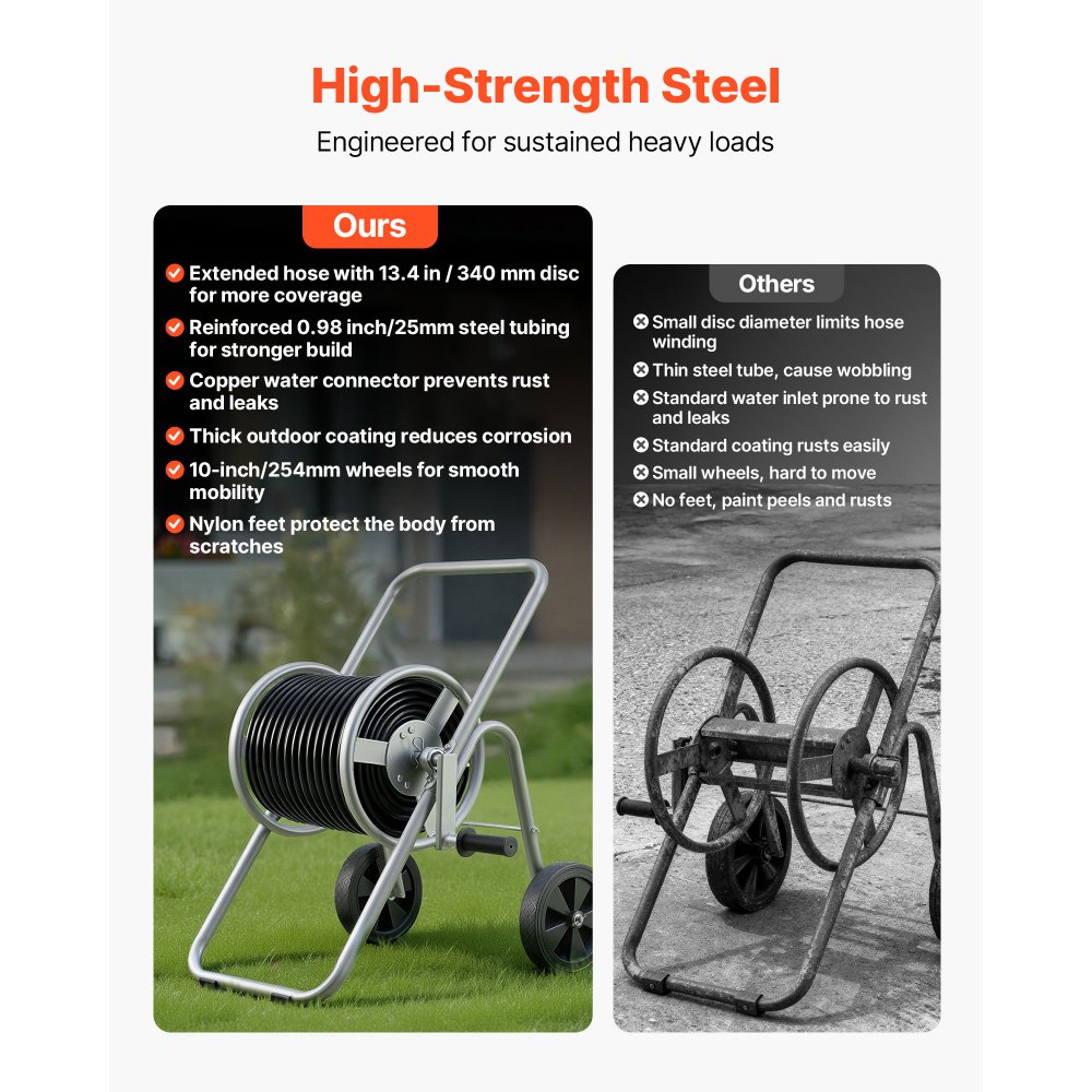 VEVOR Carrello avvolgitubo, può contenere fino a 175 piedi di tubo da 5/8" (tubo non incluso), carrelli per tubi dell'acqua da giardino, strumenti mobili con ruote, acciaio verniciato a polvere
