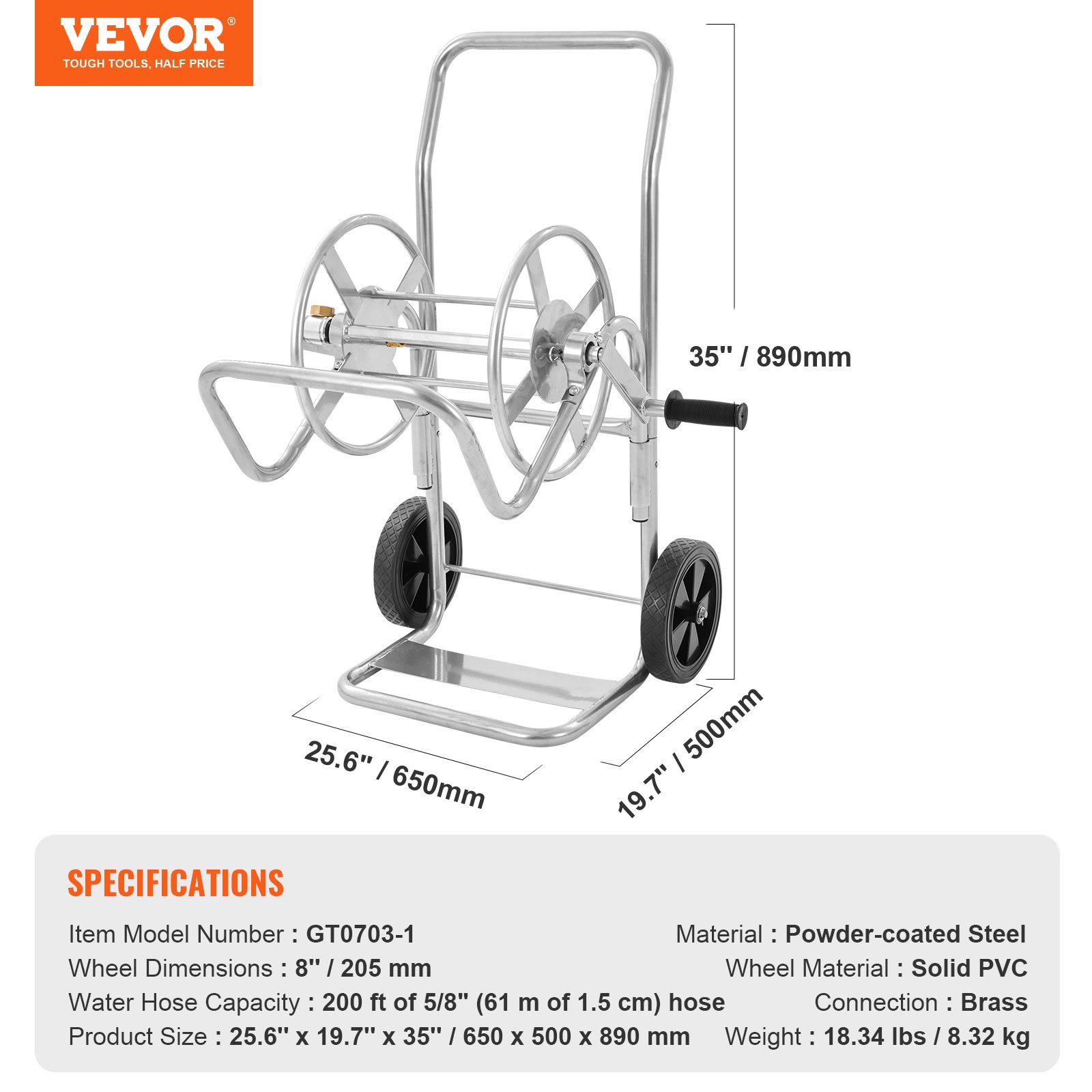 VEVOR Carrello avvolgitubo, può contenere fino a 200 piedi di tubo da 5/8" (tubo non incluso), carrelli per tubi dell'acqua da giardino, strumenti mobili con ruote, acciaio verniciato a polvere