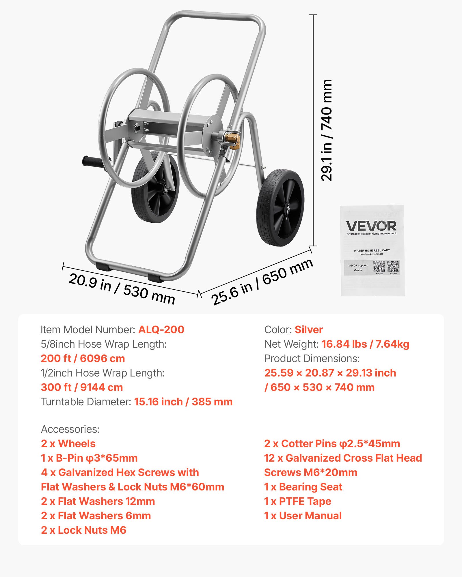 VEVOR Carrello Avvolgitubo per Tubo d'Irrigazione Carrello Avvolgitubo Giardino per Tubo ad Alta Pressione Diametro Giradischi da 385 mm, per Irrigazione Pulizia, Giardinaggio, Agricola, Senza Tubo