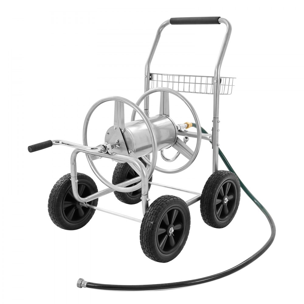 Carrello avvolgitubo VEVOR con ruote nere, telaio argentato e maniglie ergonomiche per riporre facilmente il tubo da giardino.