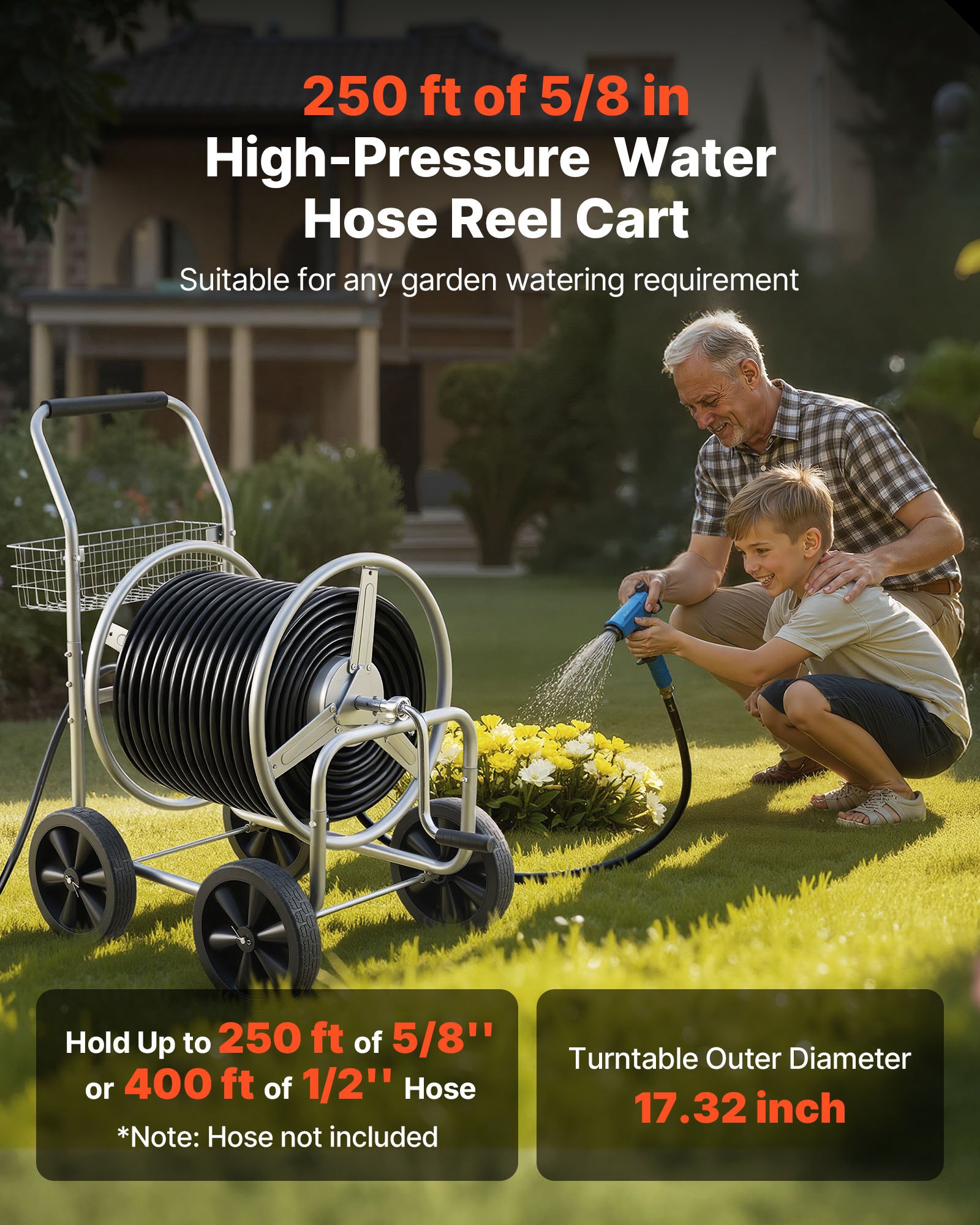 VEVOR Carrello avvolgitubo, può contenere fino a 250 piedi di tubo da 5/8", carrelli per tubi dell'acqua da giardino, strumenti mobili con 4 ruote, piantagione da esterno in acciaio verniciato a polve