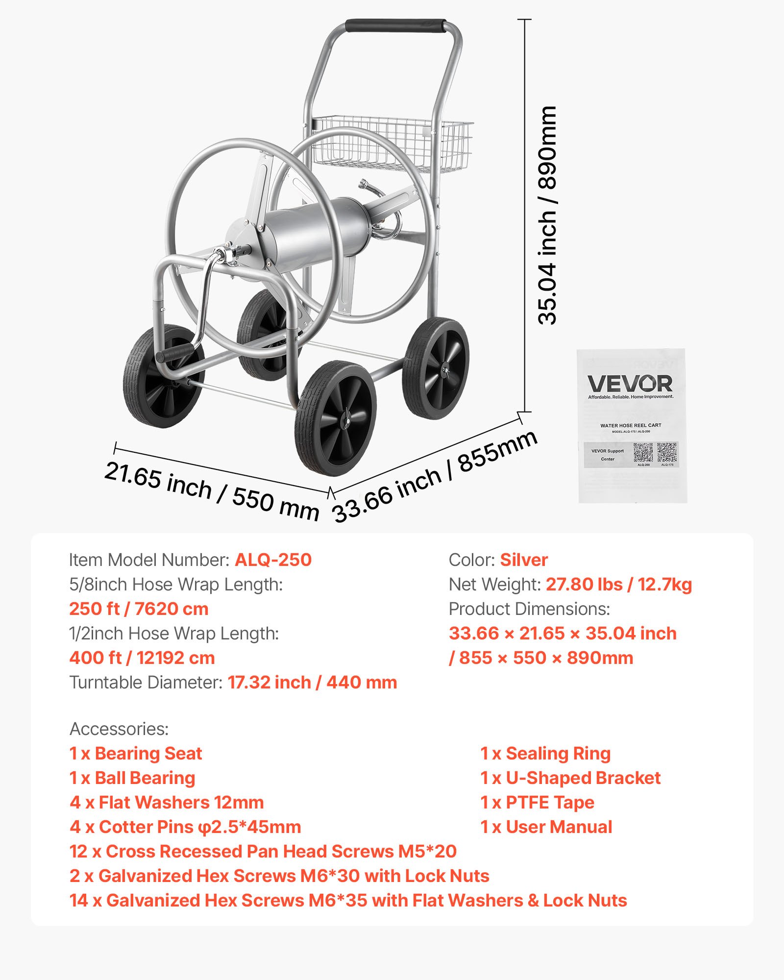 VEVOR Carrello avvolgitubo, può contenere fino a 250 piedi di tubo da 5/8", carrelli per tubi dell'acqua da giardino, strumenti mobili con 4 ruote, piantagione da esterno in acciaio verniciato a polve