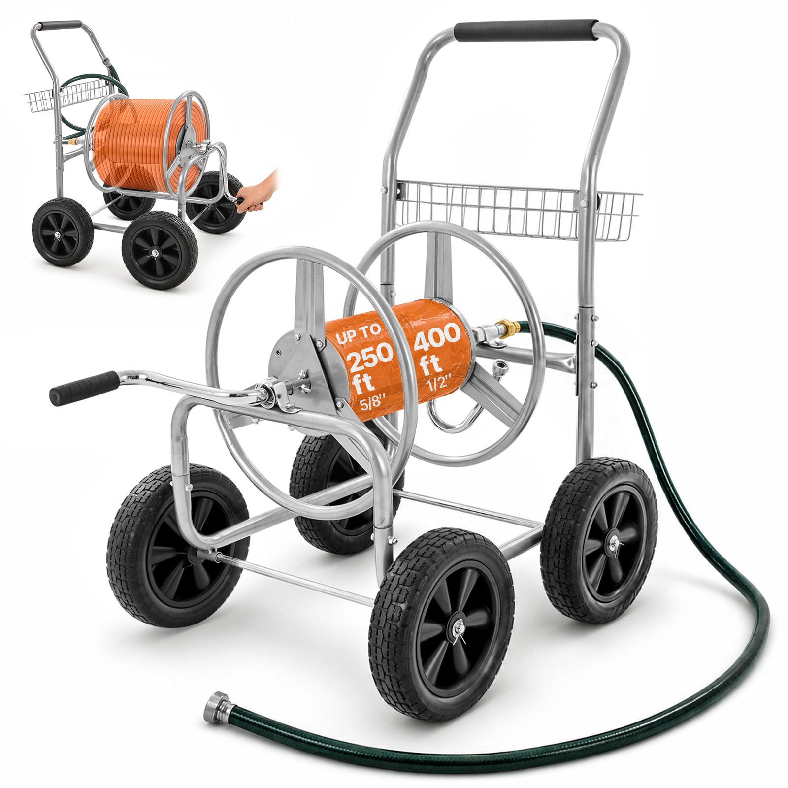 VEVOR Carrello avvolgitubo, può contenere fino a 250 piedi di tubo da 5/8", carrelli per tubi dell'acqua da giardino, strumenti mobili con 4 ruote, piantagione da esterno in acciaio verniciato a polve
