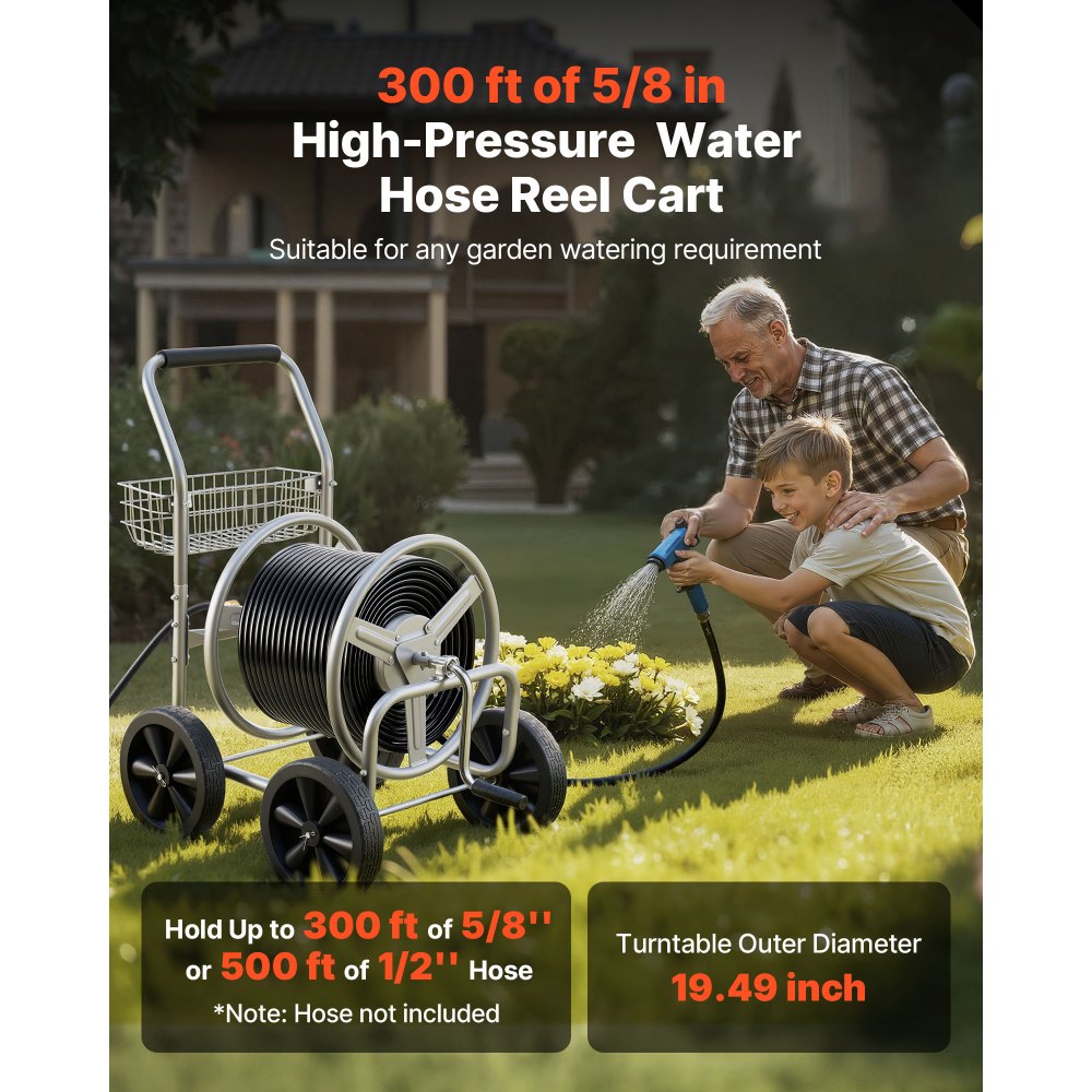 VEVOR Carrello avvolgitubo, può contenere fino a 91 m di tubo da 1,6 cm, Carrello per tubi dell'acqua da giardino Attrezzi mobili con 4 ruote, Piantagione esterno in acciaio verniciato a polvere