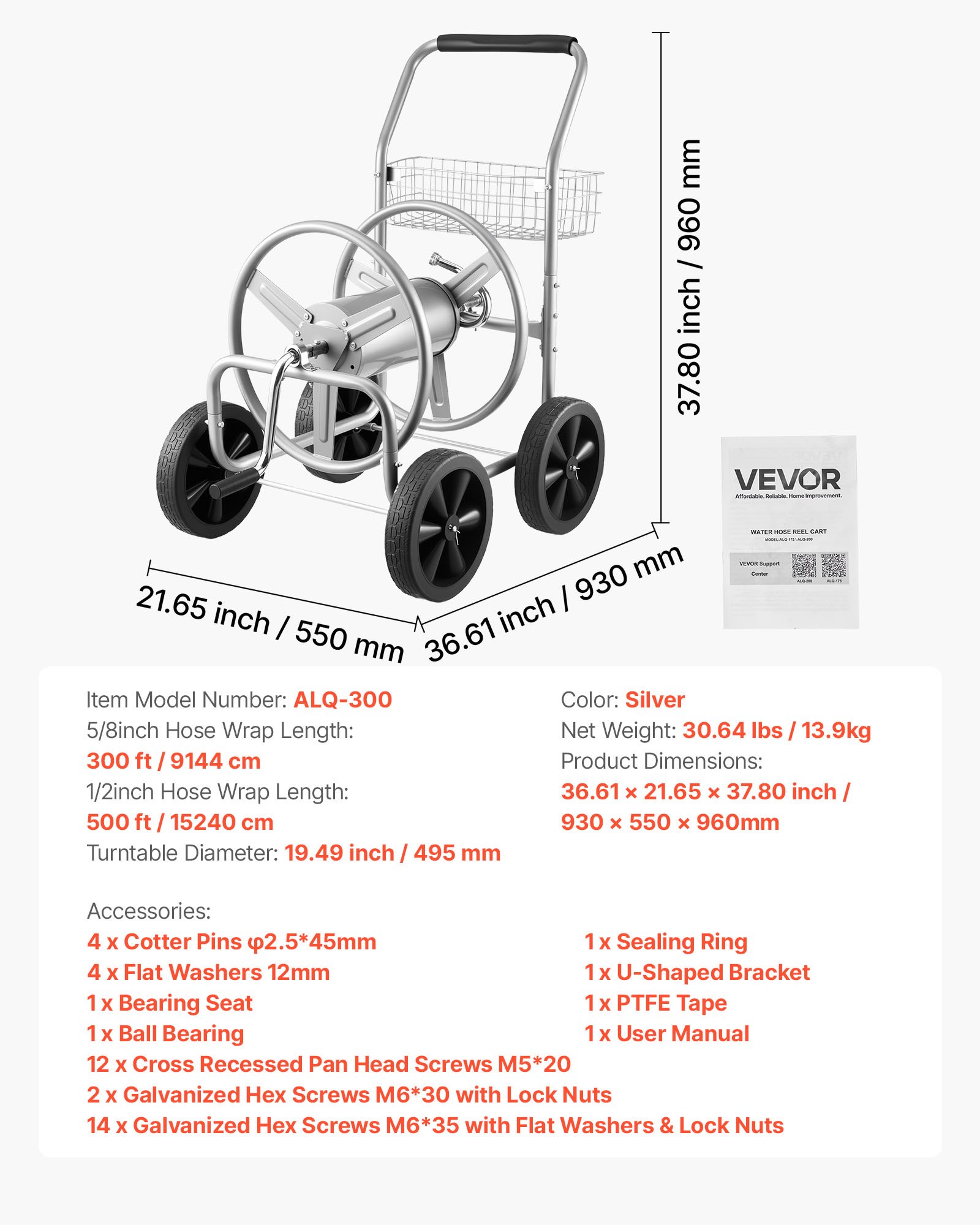 VEVOR Carrello avvolgitubo, può contenere fino a 91 m di tubo da 1,6 cm, Carrello per tubi dell'acqua da giardino Attrezzi mobili con 4 ruote, Piantagione esterno in acciaio verniciato a polvere