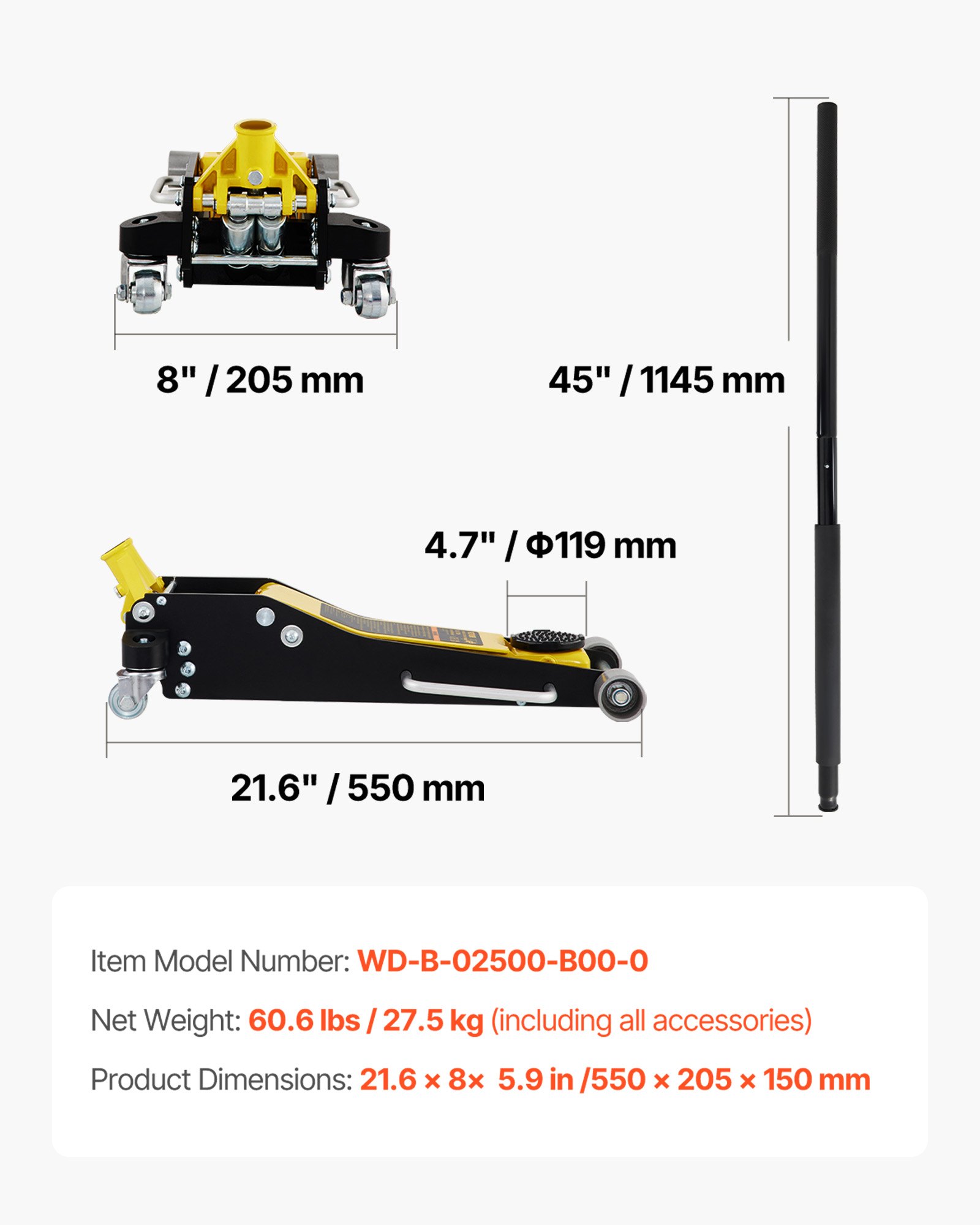 VEVOR 2.5 t hydraulic trolley jack, 95-475mm lifting capacity, aluminum & steel car jack, 119mm diameter jack stand, scissor jack for off-road vehicles & workshops