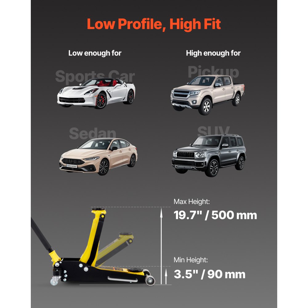 VEVOR Trolley Jack 3T Lifting Capacity Hydraulic Car Jack, 500-90mm Aluminum & Steel Car Jack, Jack Stand 99mm Diameter, Scissor Jack for SUVs, Off-Road Vehicles & Workshops etc.