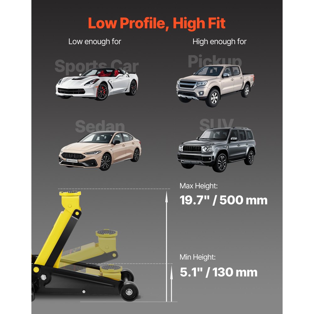 VEVOR 3-ton low-profile trolley jack, high-performance steel racing jack with single-piston quick-lift pump, jack lifting range 13-50 cm, yellow