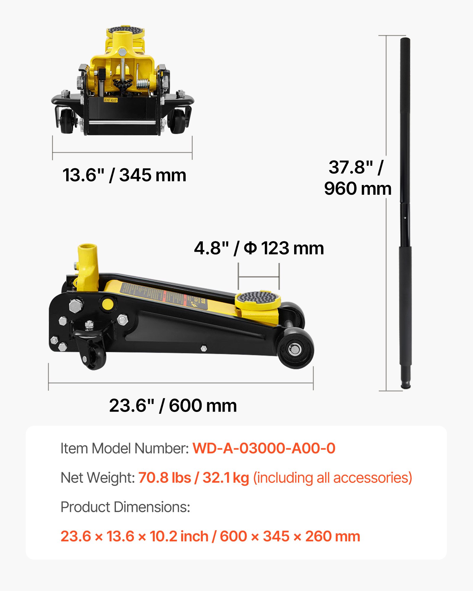 VEVOR 3-ton low-profile trolley jack, high-performance steel racing jack with single-piston quick-lift pump, jack lifting range 13-50 cm, yellow