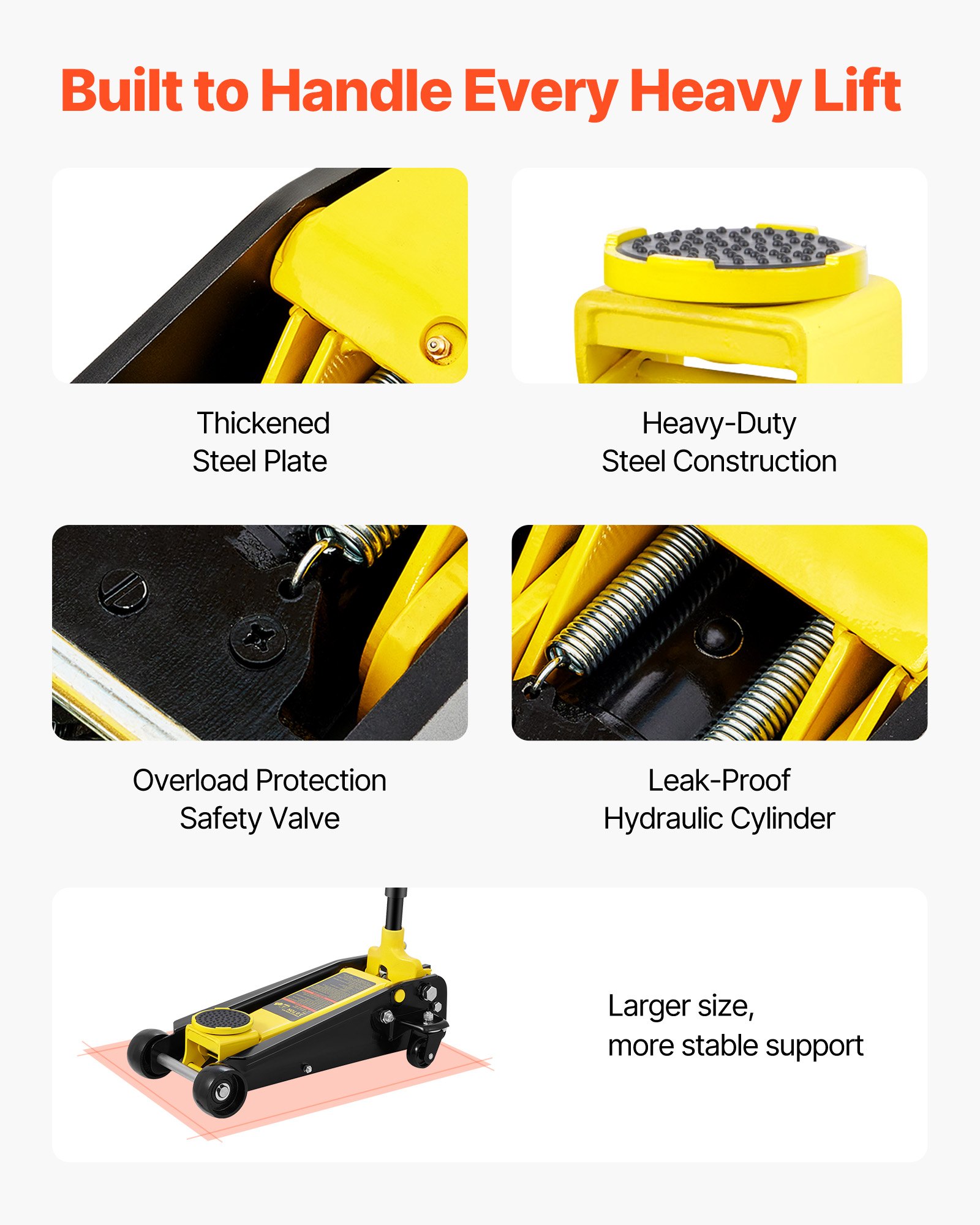 VEVOR Martinetto da Pavimento a Basso Profilo 3 Tonnellate Martinetto da Pavimento da Corsa in Acciaio per Carichi Pesanti con Pompa a Sollevamento a Pistone Singolo, Campo di Sollevamento 130-500 mm