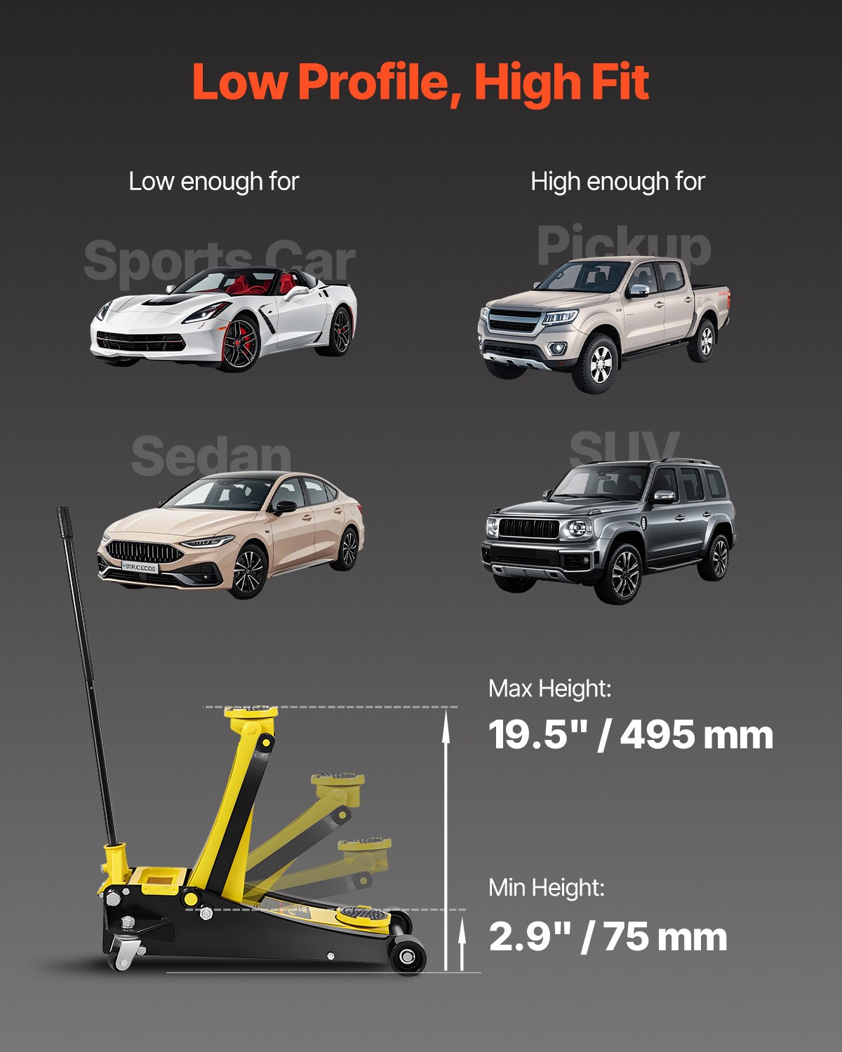 VEVOR 2.5 t low-profile racing car jack, high-performance steel racing car jack with double piston quick-lift pump, jack lifting range 75-495 mm