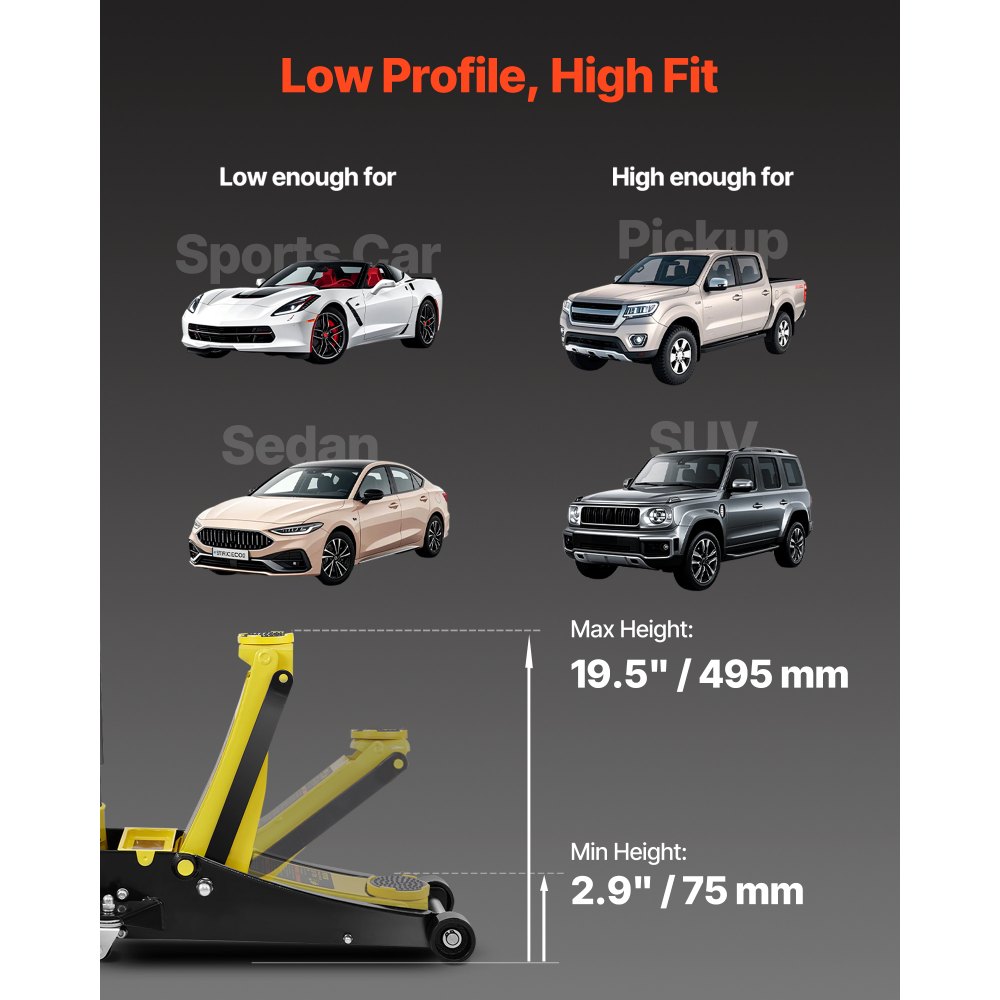 VEVOR 3-ton trolley jack, high-performance steel racing jack with double piston quick-lift pump, flat jack 95-495 mm car jack