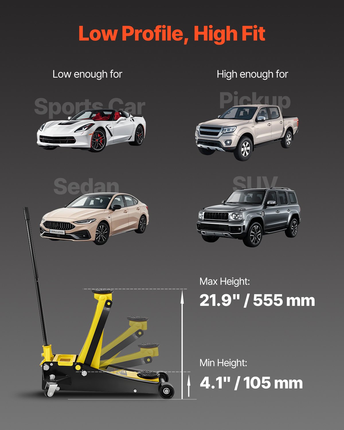 VEVOR 4t Low Profile Car Jack, Heavy-Duty Steel Racing Car Jack with Twin Piston Rapid Lift Pump, Trolley Jack 119-533mm Lifting Range